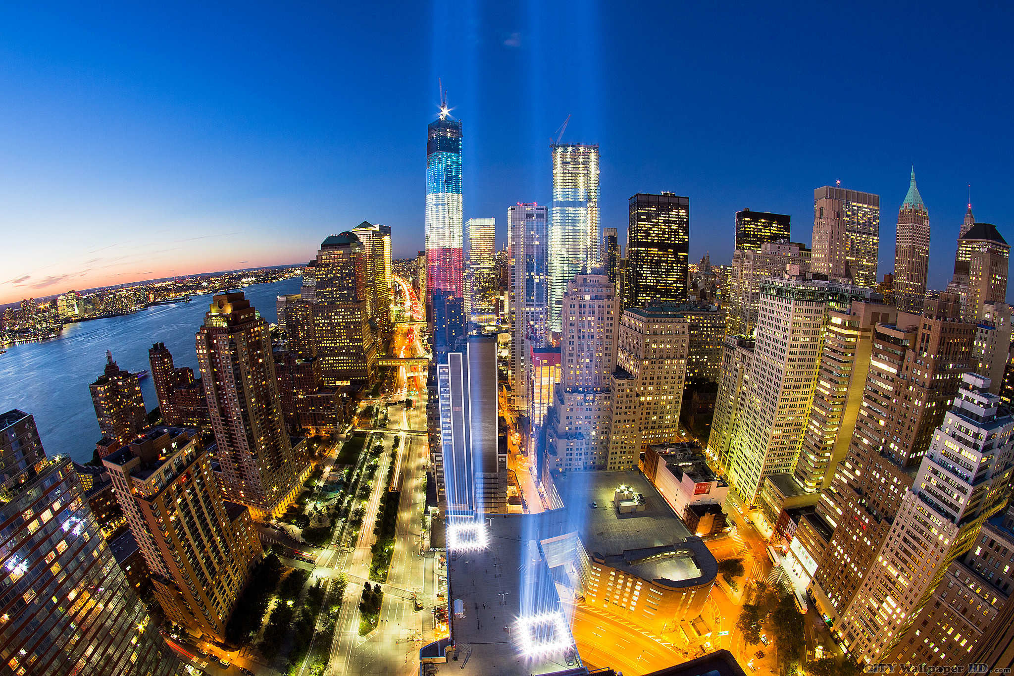 Tribute in Light, One World Trade Center, Lower Manhattan, Notte, Fisheye, sfondo desktop Full HD
