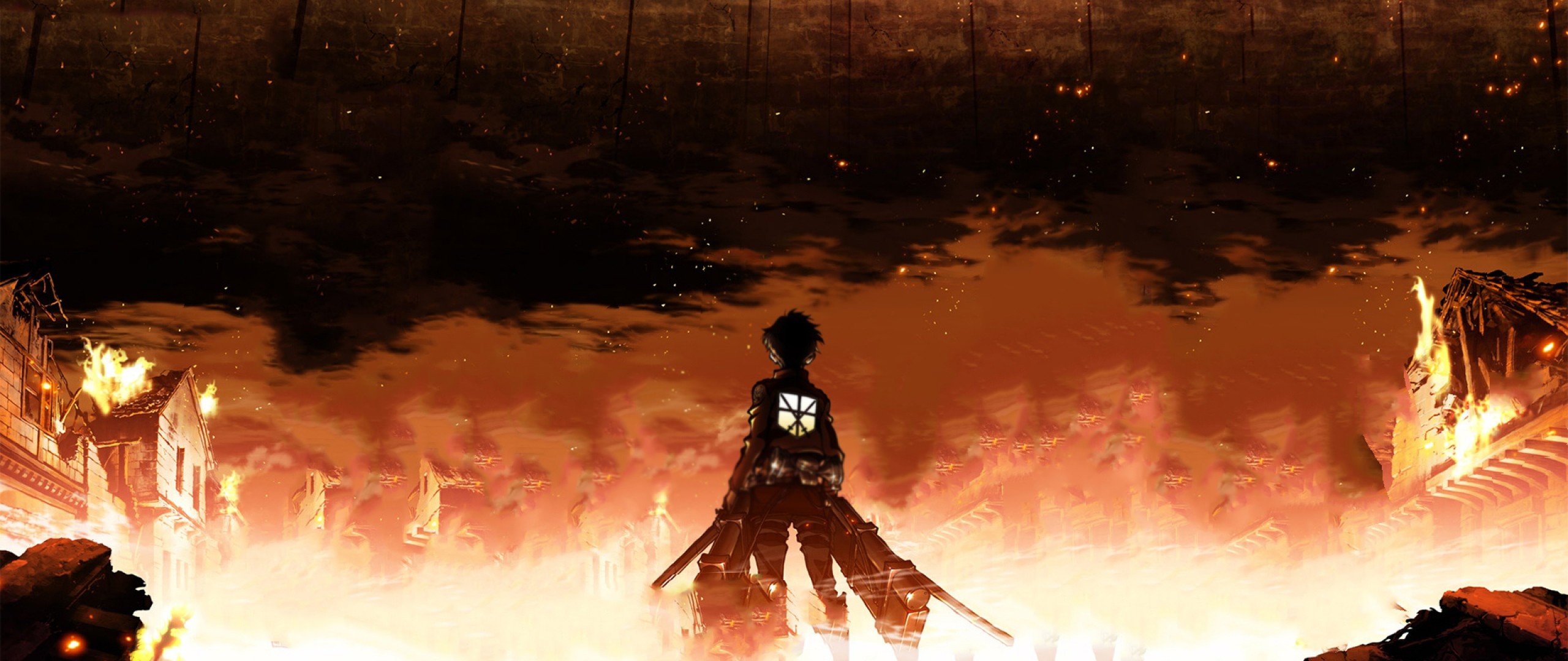 Eren Jaeger, L'attacco dei giganti, Città in fiamme, Silhouette, sfondo Full HD per PC