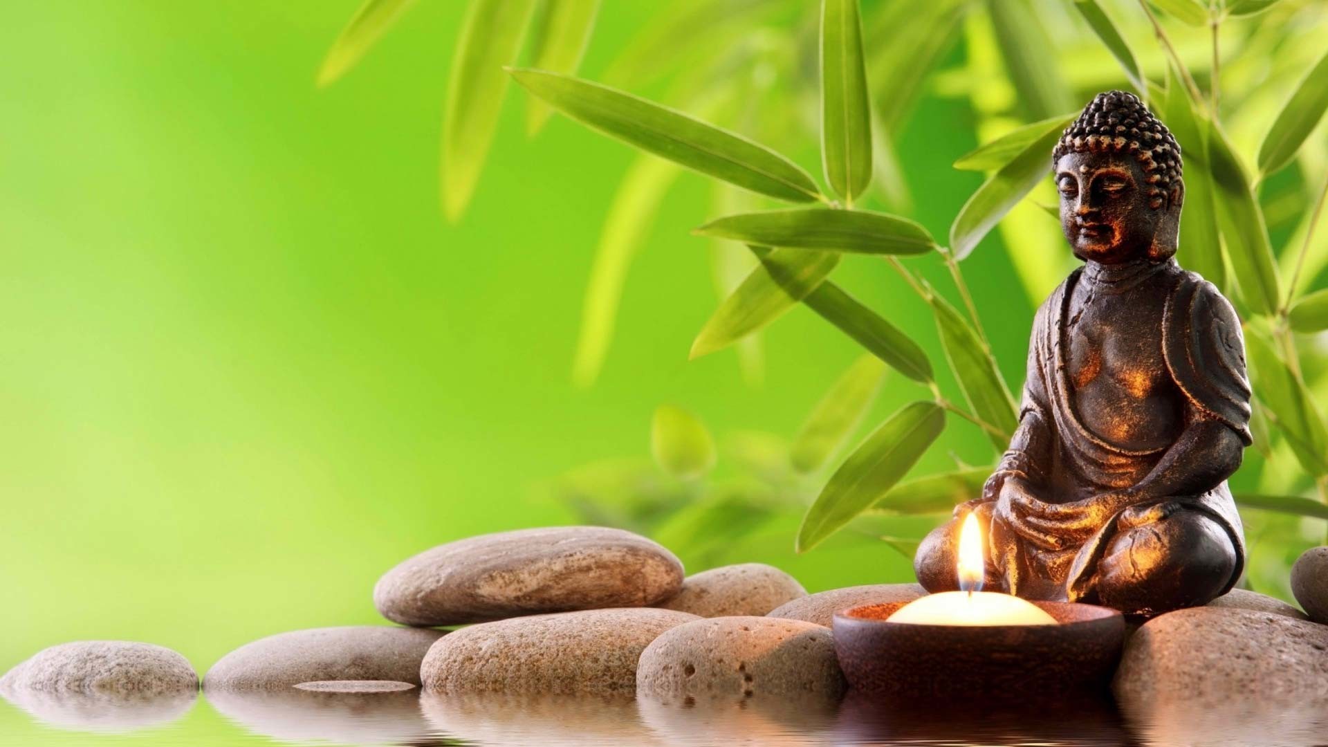 Buddha, Bambù, Candela, Pietre zen, Full HD, wallpaper per PC