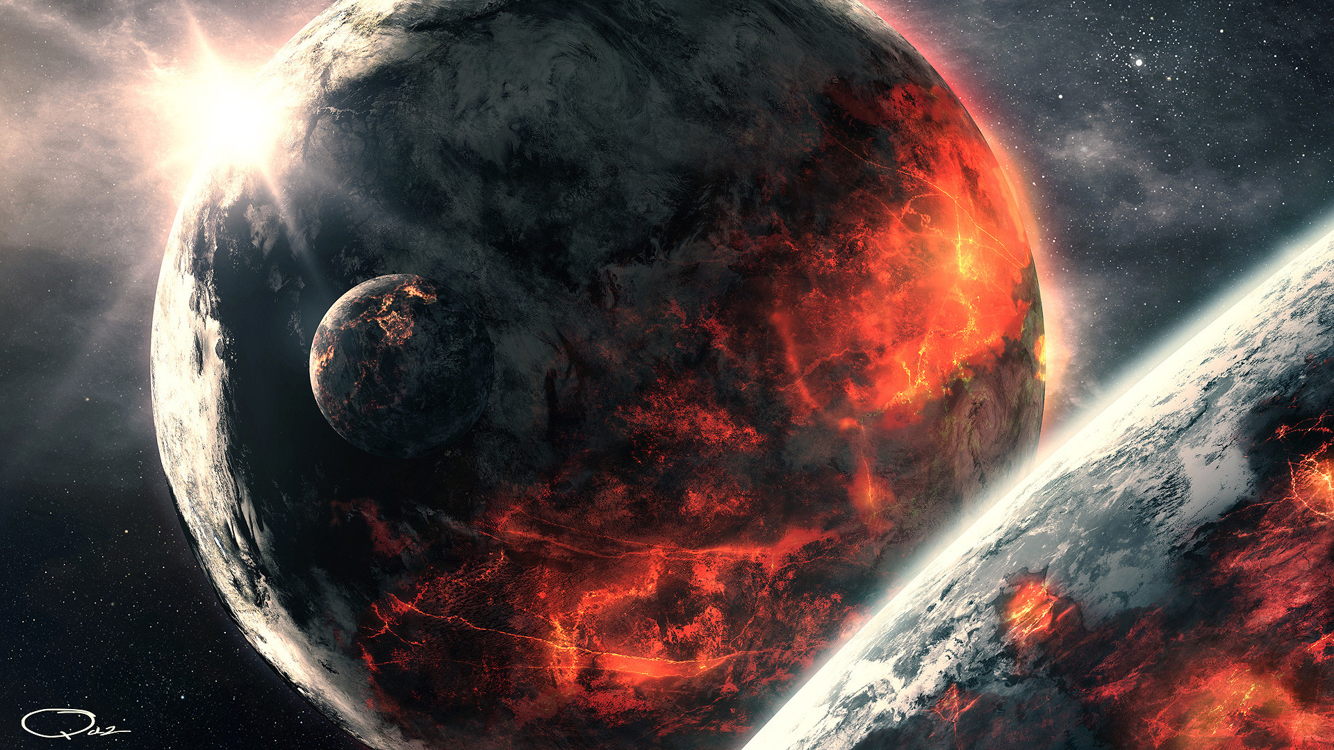 Pianeta in fiamme, Spazio, Luna, Fantascienza, sfondo per il tuo desktop