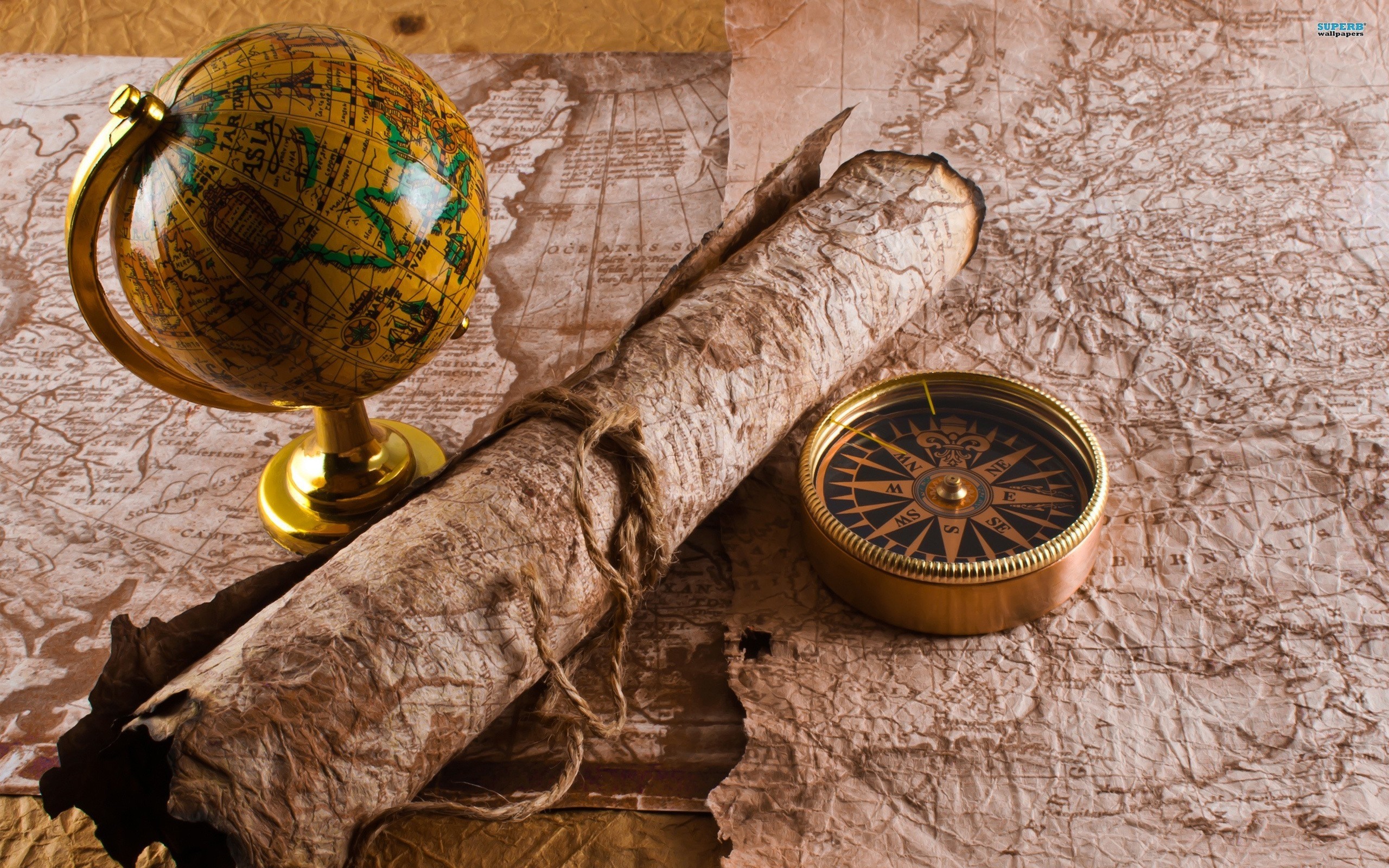 Mappamondo, Bussola, Pergamena, Mappa antica, Vintage, 2K, sfondo per PC e portatile