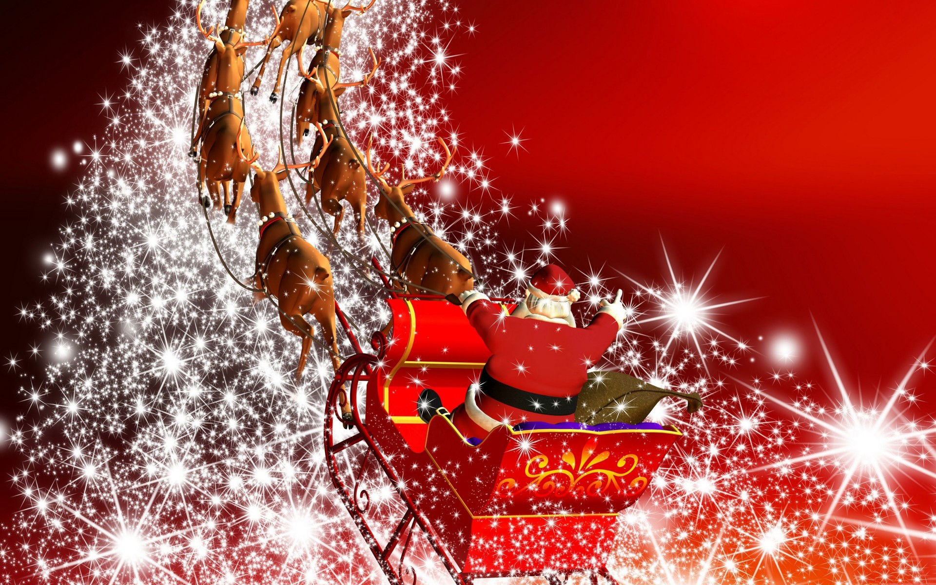 Babbo Natale, Slitta, Renne, Scintille, Rosso, Full HD, sfondo desktop