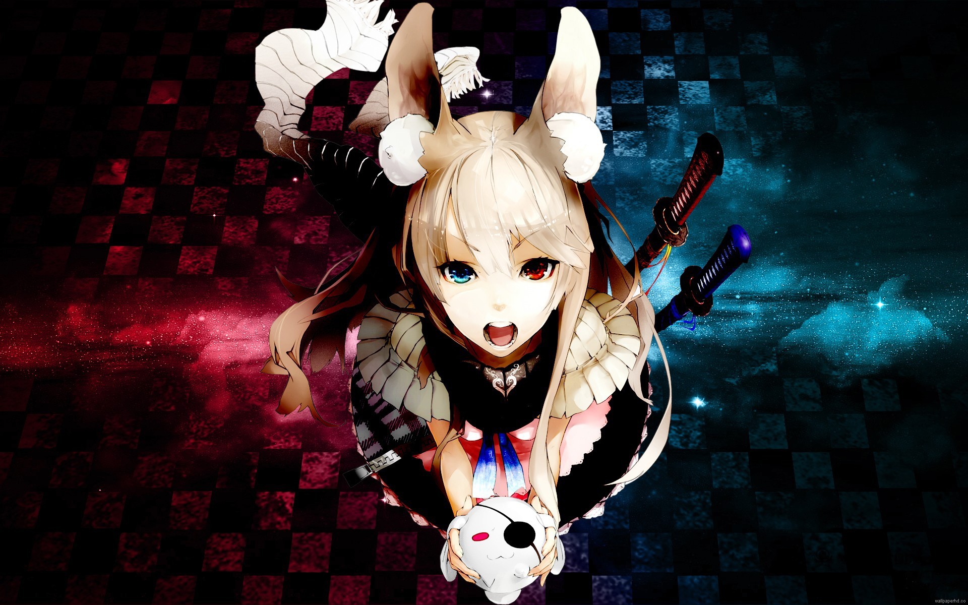 Ragazza anime, Orecchie da animale, Spada, Scacchiera rossa, 1920x1200, sfondo MacBook Pro