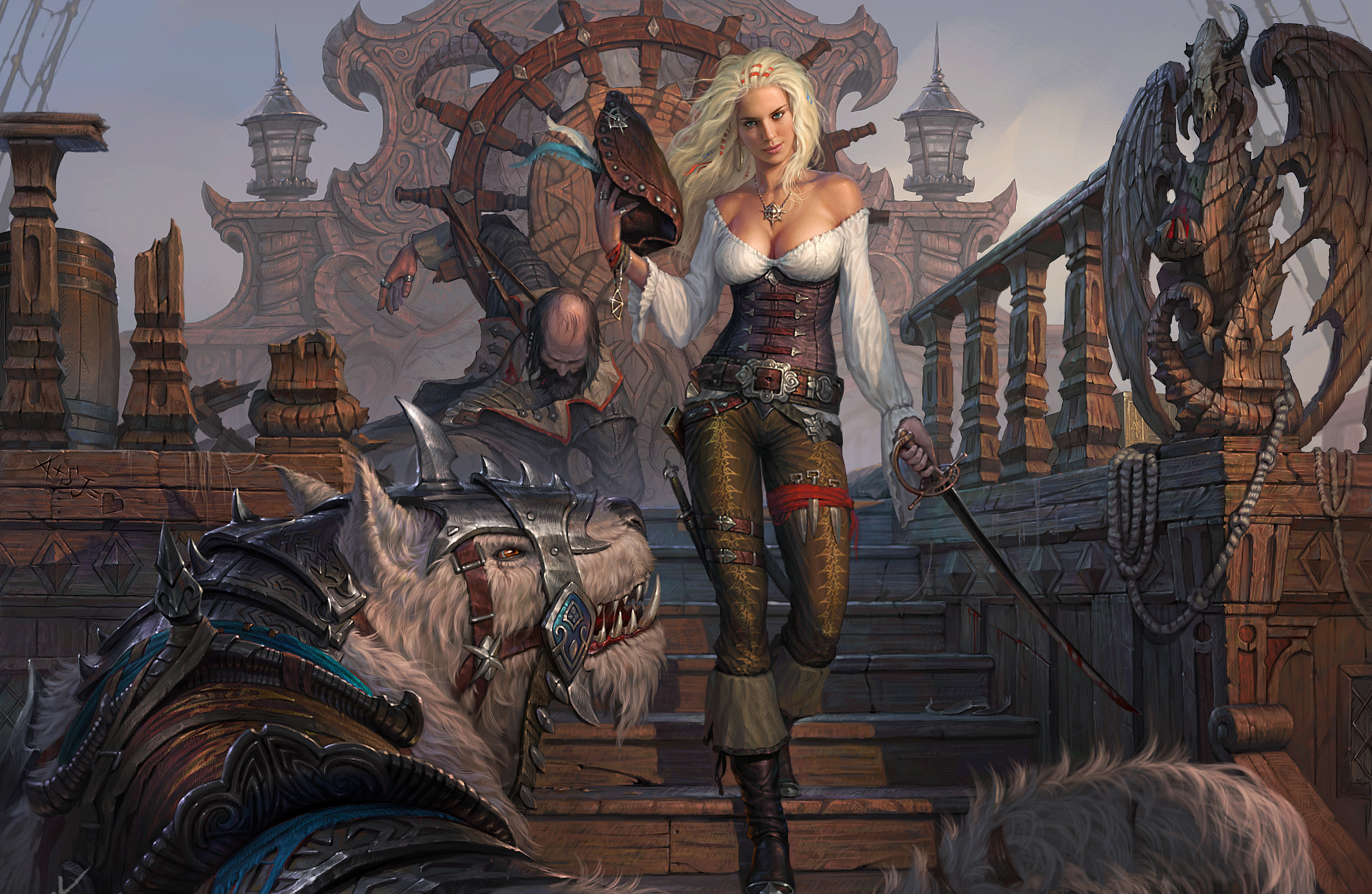 Piratessa, Nave pirata, Timone, Fantasy, Illustrazione, Full HD, sfondo desktop