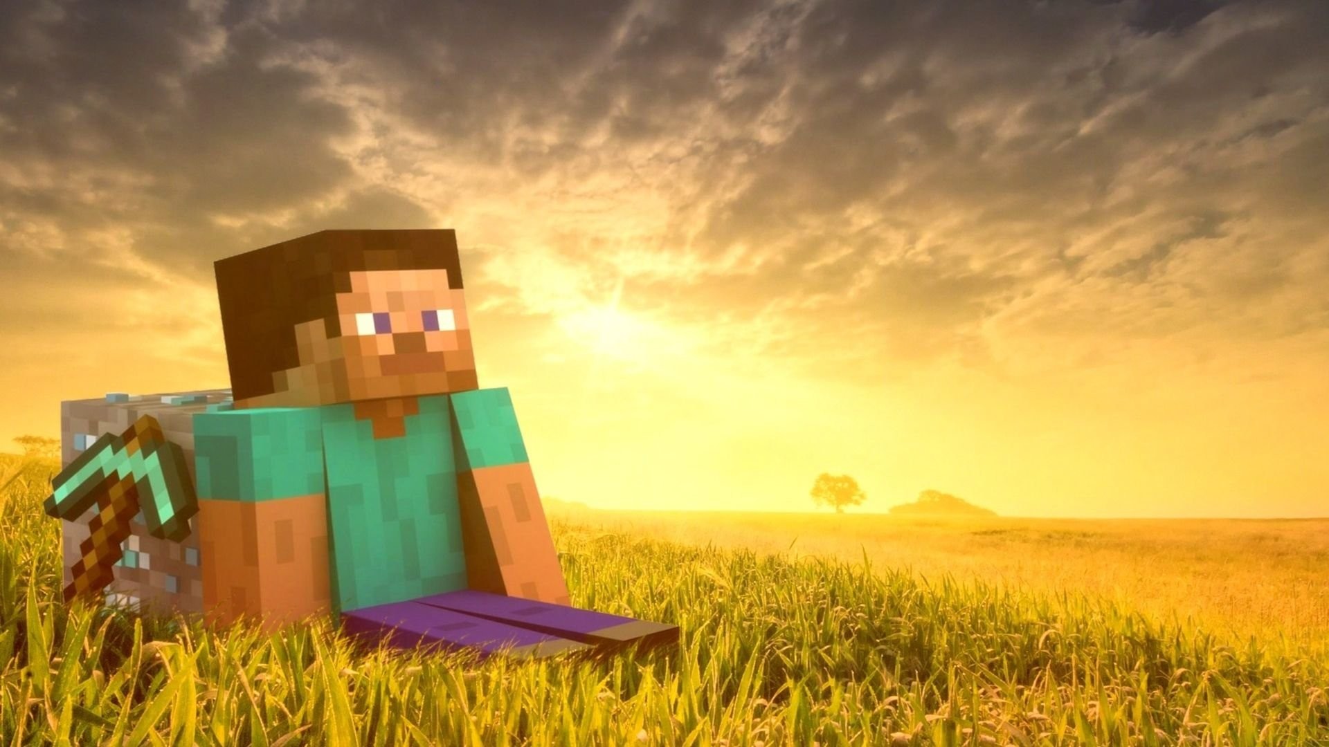 Minecraft, Steve, Piccone, Tramonto, Campo di grano, 1920x1080, sfondo per PC
