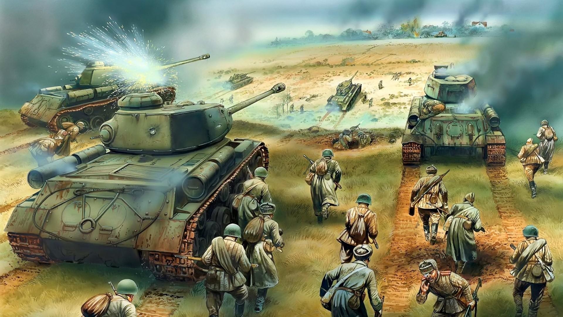 Carri armati, Seconda guerra mondiale, Battaglia, Soldati, Illustrazione, sfondo 16:9 Full HD