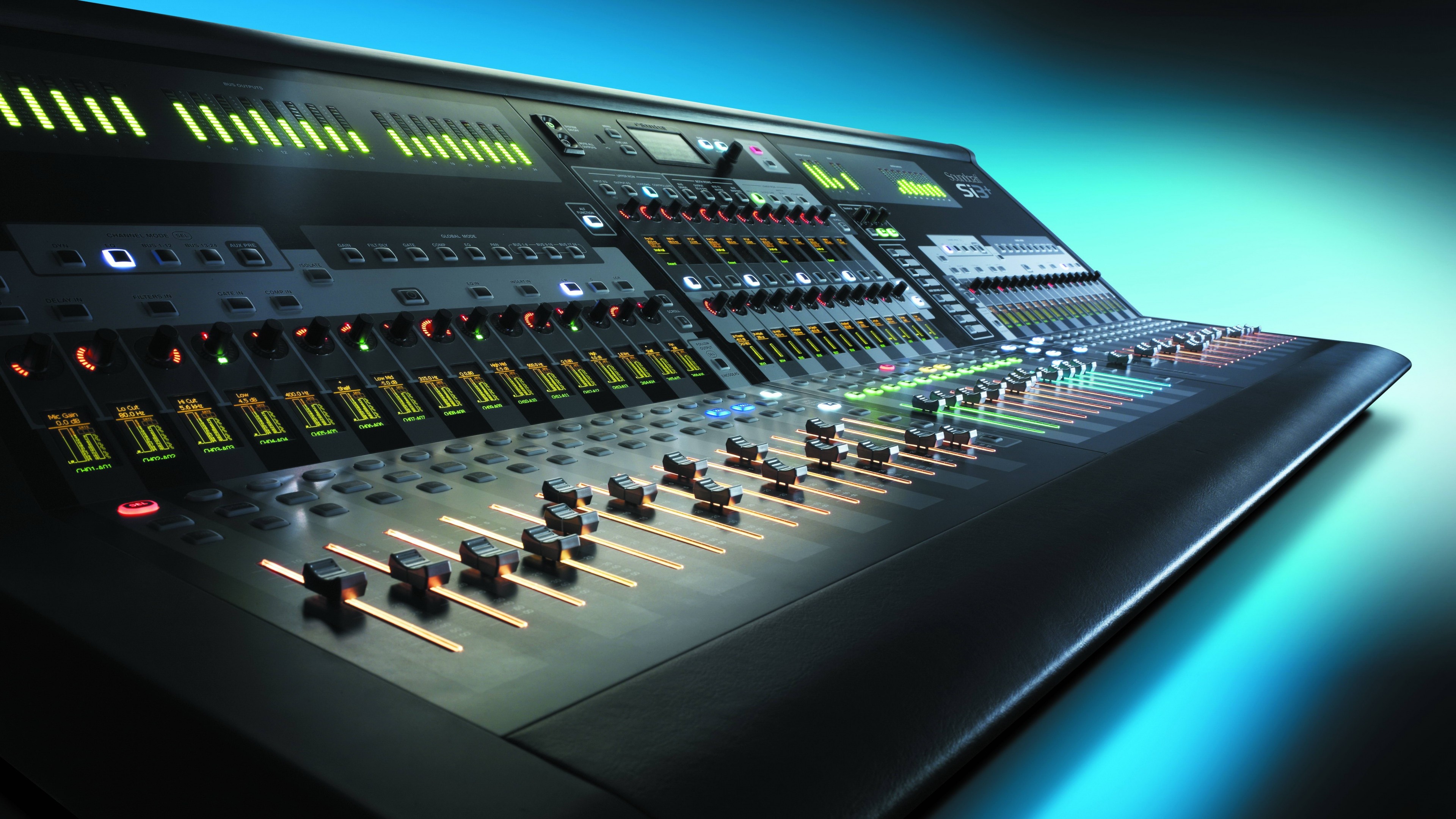 Mixer audio, Console di missaggio, Studio di registrazione, Luce azzurra, sfondo Mac 4K