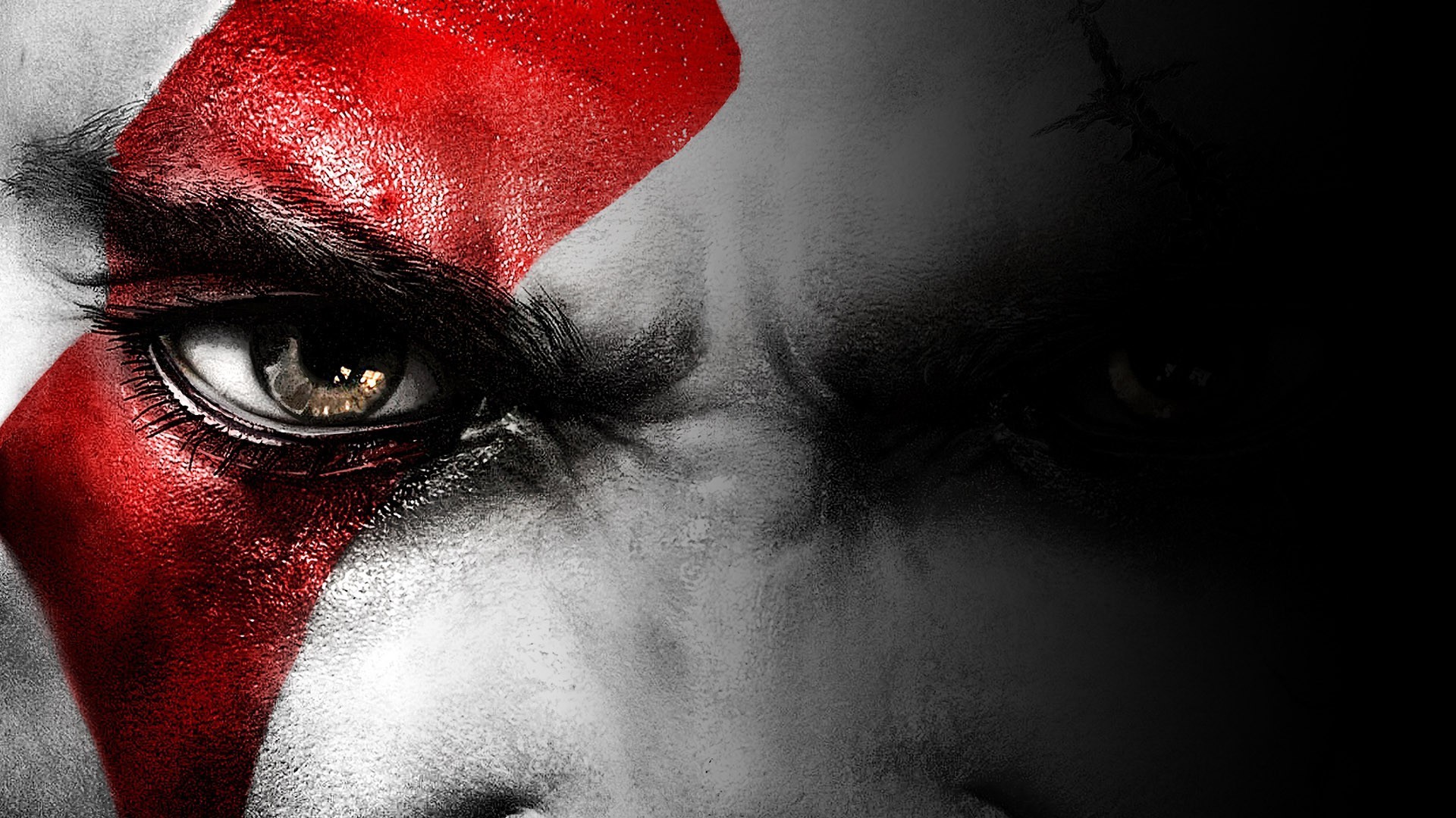 Kratos, God of War, Occhio, Tatuaggio rosso, Primo piano, Full HD, sfondo per portatile