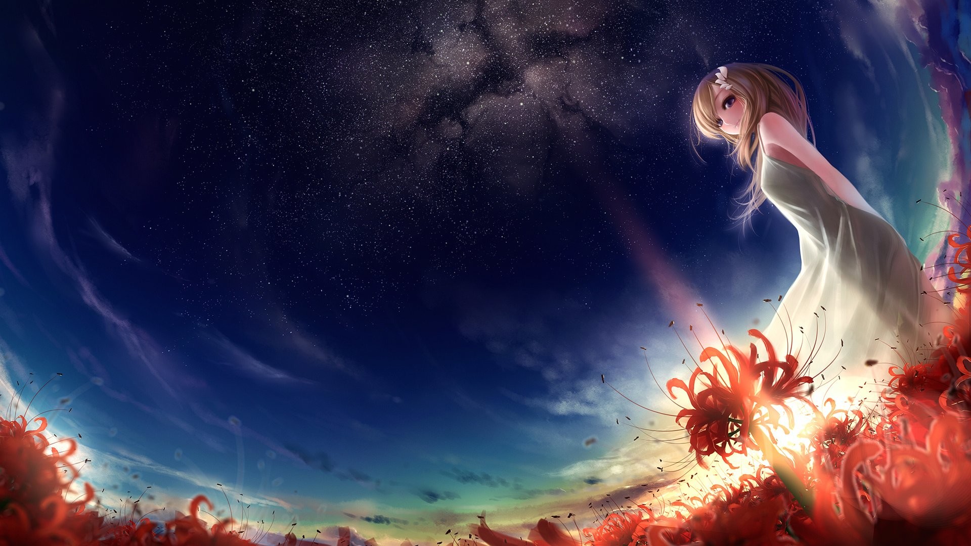 Ragazza anime, Cielo stellato, Gigli ragno rossi, Arte digitale, sfondo Windows 11