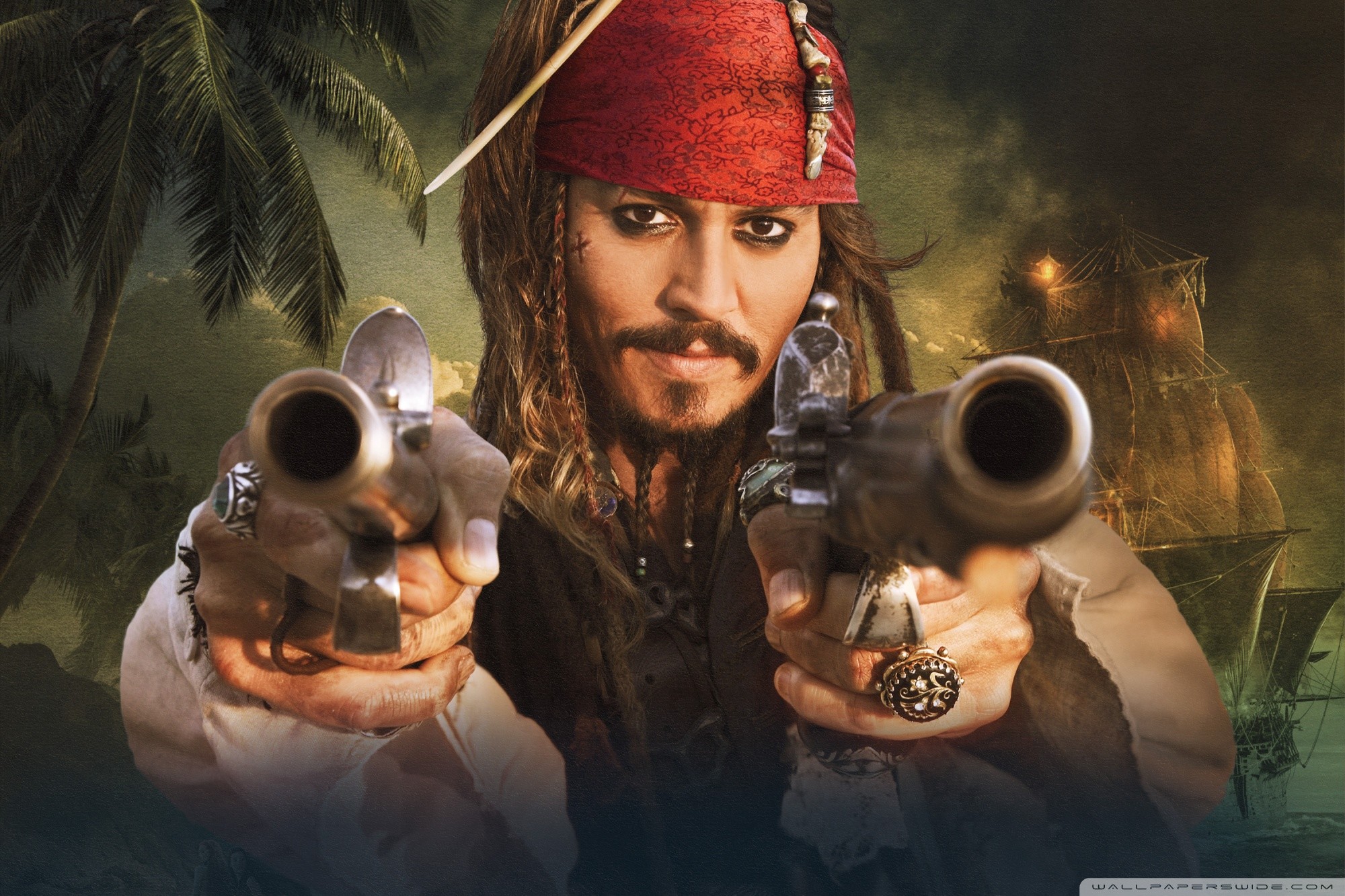 Jack Sparrow, Johnny Depp, Pirati dei Caraibi, Pistole, Navi in fiamme, wallpaper desktop Full HD