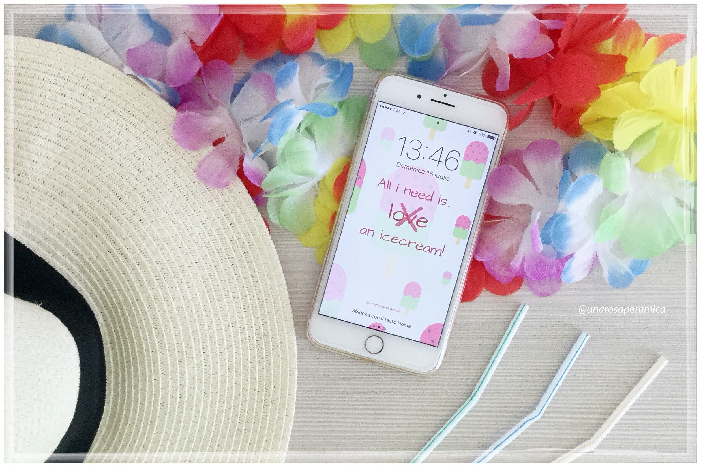 iPhone, Cappello di paglia, Ghirlanda hawaiana, Cannucce, Estate, sfondo desktop Full HD