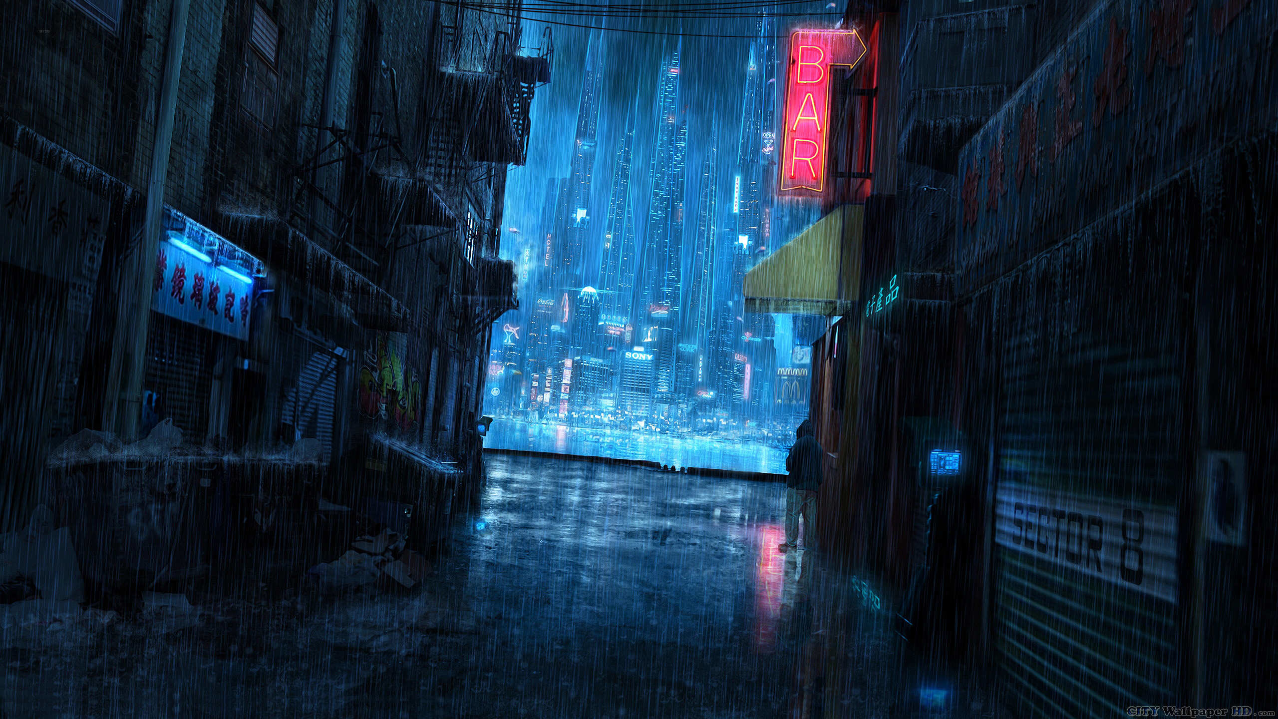 Vicolo, Pioggia, Neon, Città, Notte, 16:9 2K, sfondo widescreen