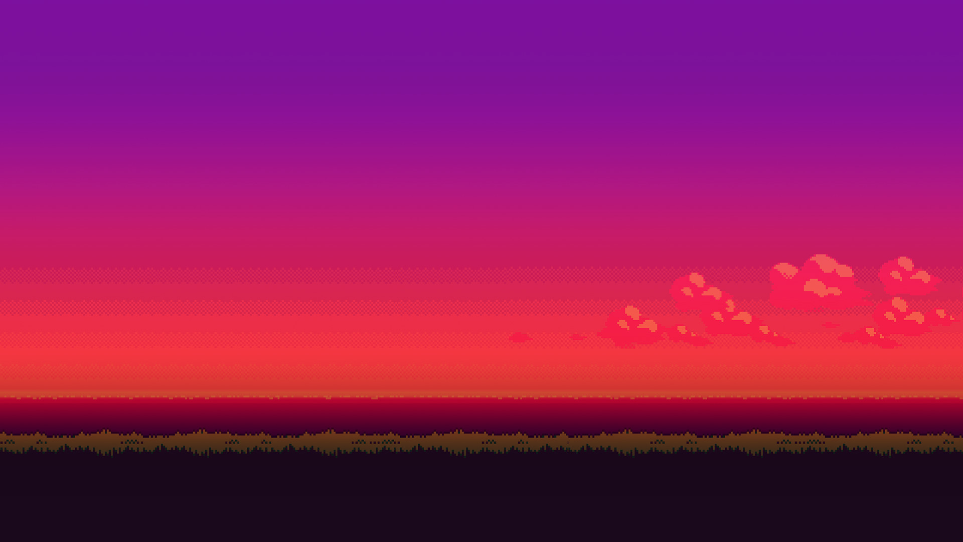 Pixel art, Tramonto, Nuvole rosa, Cielo viola, Full HD, wallpaper per PC