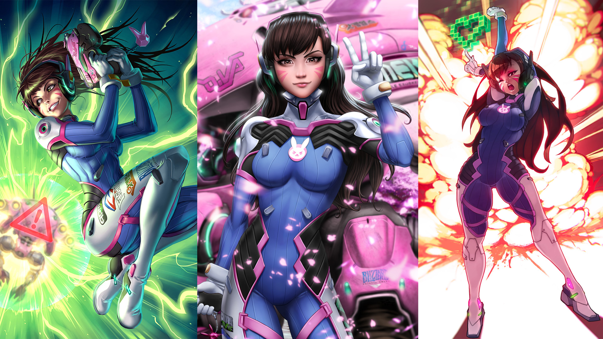 D.Va, Overwatch, Trittico, Fan art, 16:9 Full HD, sfondo widescreen
