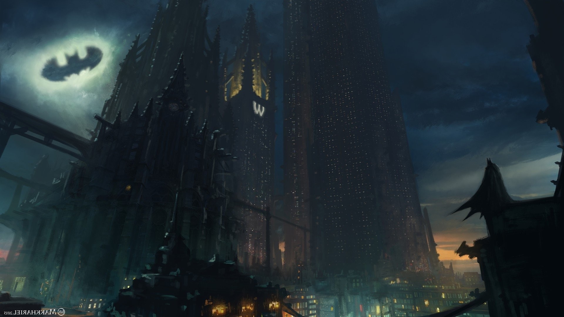 Gotham City, Batsegnale, Grattacieli, Notte, Full HD, sfondo desktop