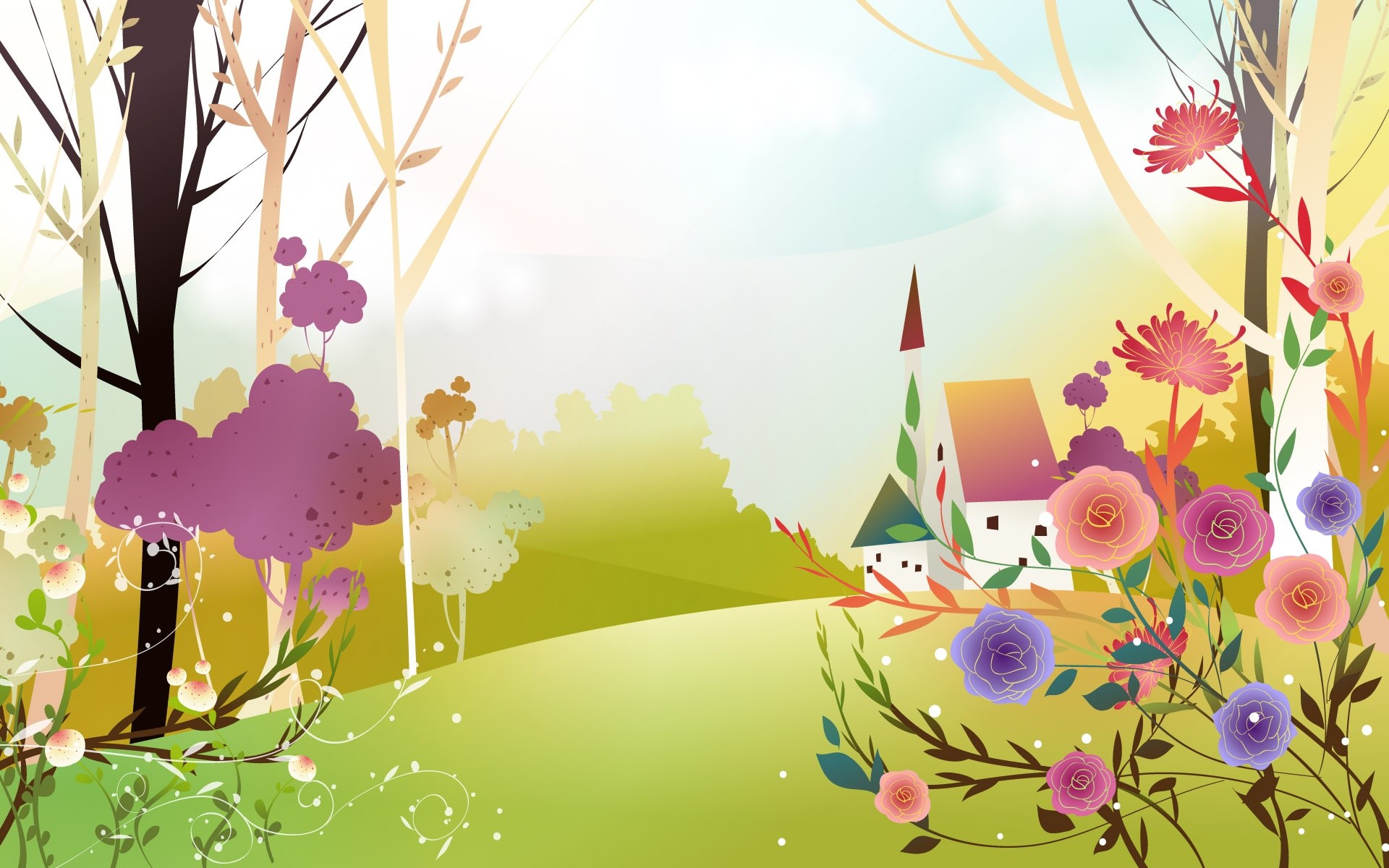 Paesaggio fiabesco, Fiori, Illustrazione, 1920x1200, sfondo per PC