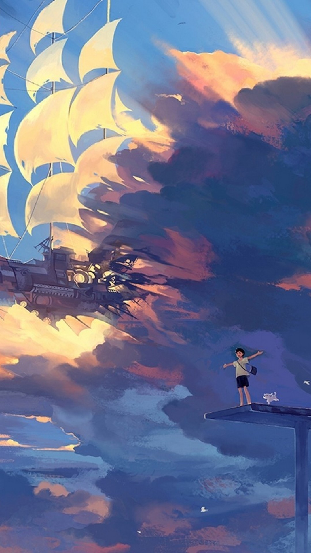 Velieri, Nuvole, Fantasy, Anime, Cielo, Full HD, wallpaper per smartphone