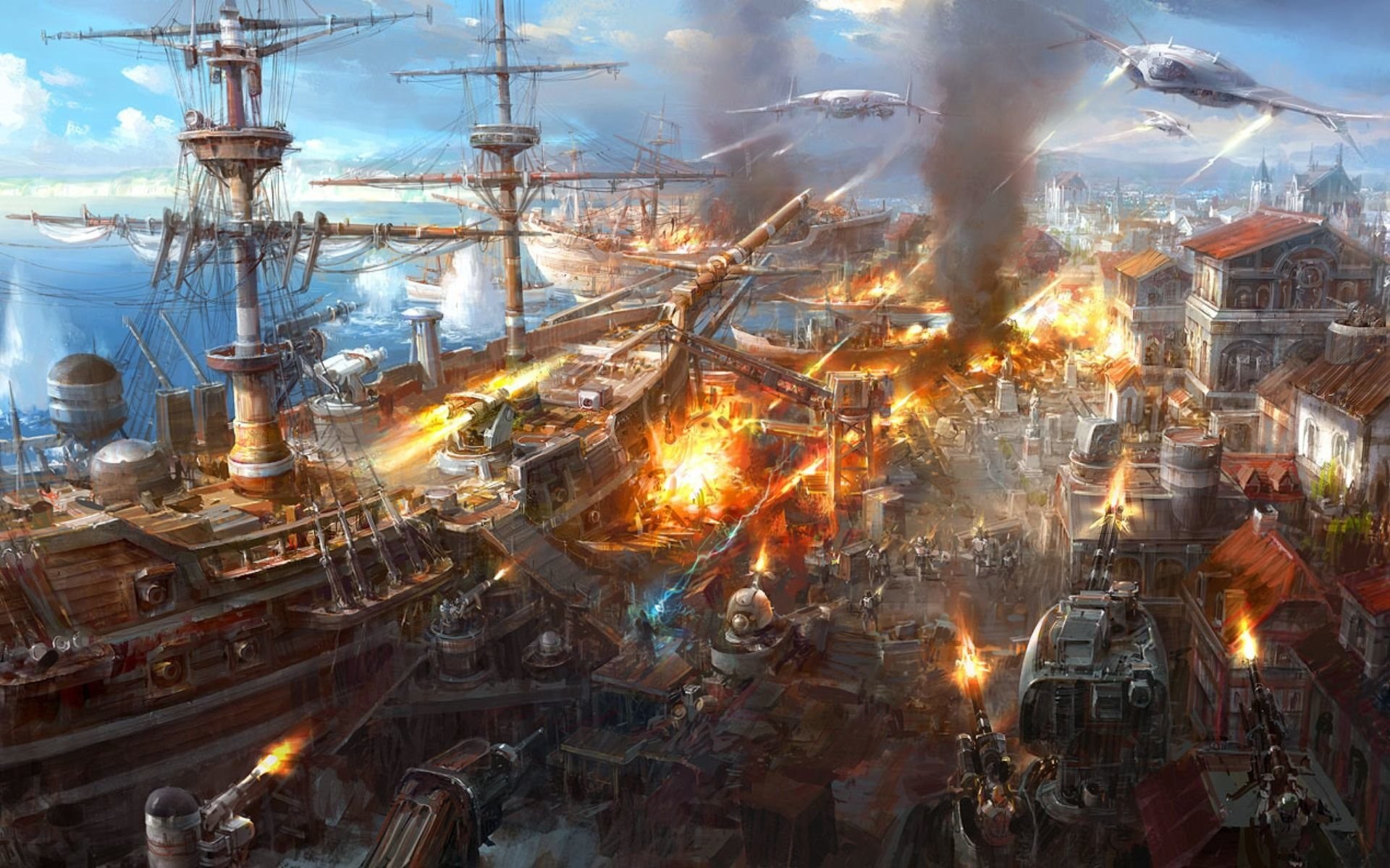 Navi da guerra, Battaglia, Porto, Fantasy, Full HD, sfondo per PC e portatile