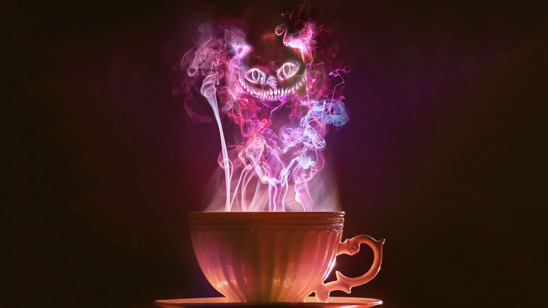 Stregatto, Tazza di tè, Fumo rosa, Sfondo scuro, Full HD, wallpaper per computer