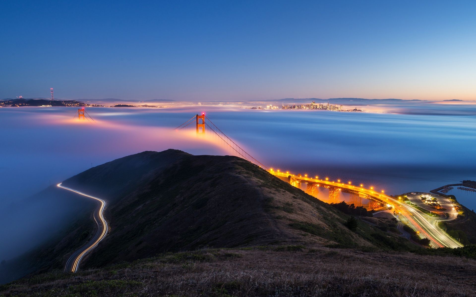Golden Gate Bridge, Marin Headlands, Nebbia, Crepuscolo, 1920x1200, sfondo MacBook Pro