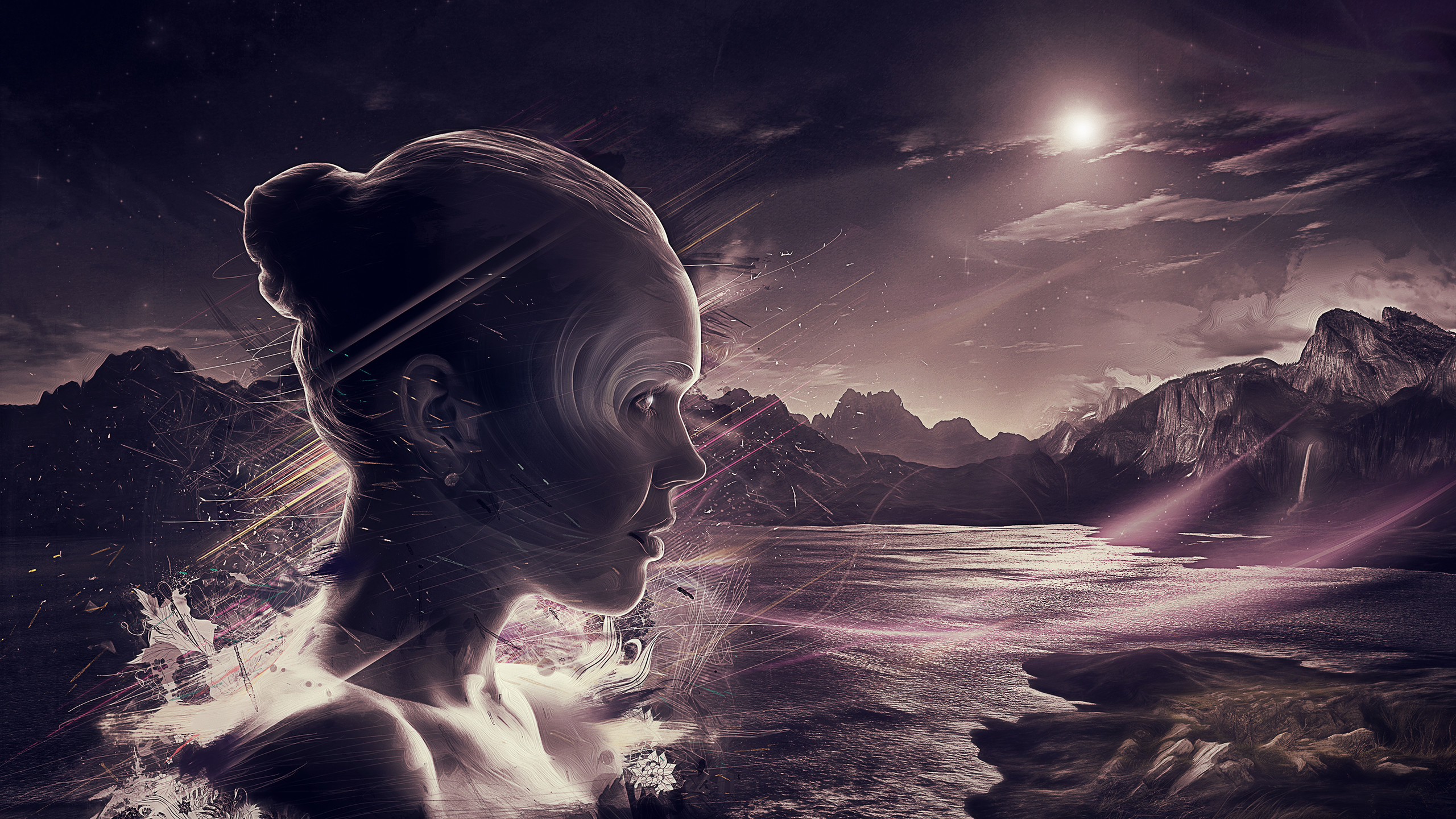 Donna, Profilo, Doppia esposizione, Montagne, 2K, sfondo desktop