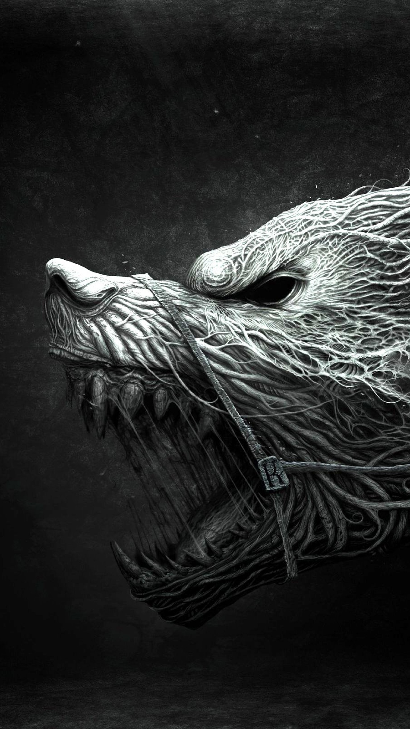 Lupo, Ringhio, Bianco e nero, Arte digitale, QHD+, wallpaper per smartphone