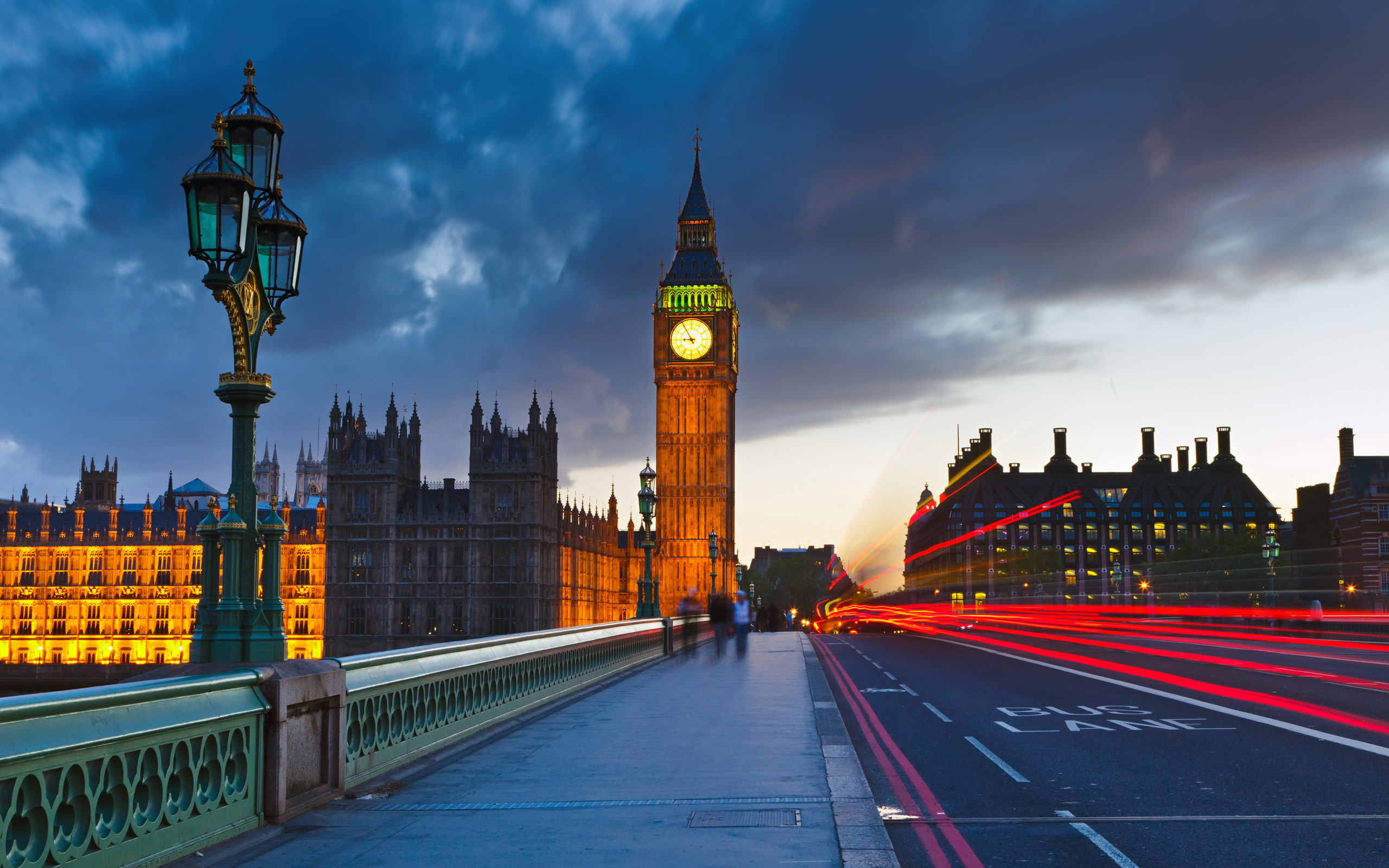 Big Ben, Ponte di Westminster, Londra, Scie luminose, 2K, wallpaper per computer