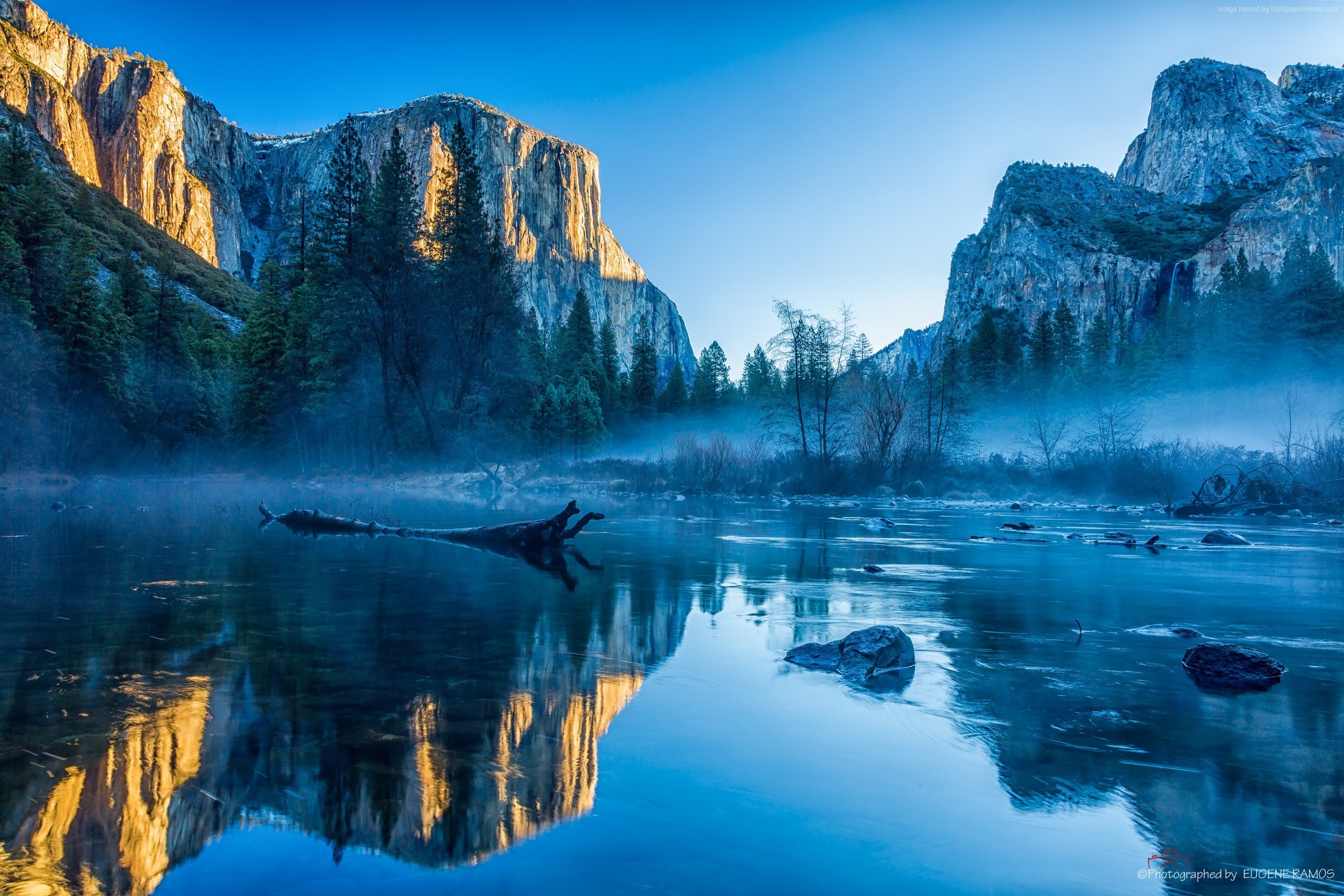 El Capitan, Yosemite, California, Fiume Merced, Nebbia, Riflesso, sfondo per Mac