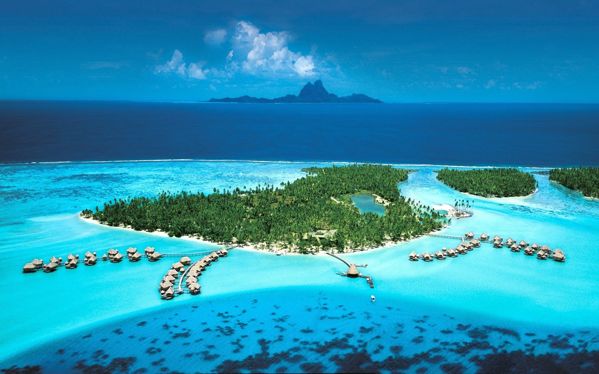 Bora Bora, Motu, Bungalow sull'acqua, Vista aerea, Laguna, 1920x1200, sfondo per PC