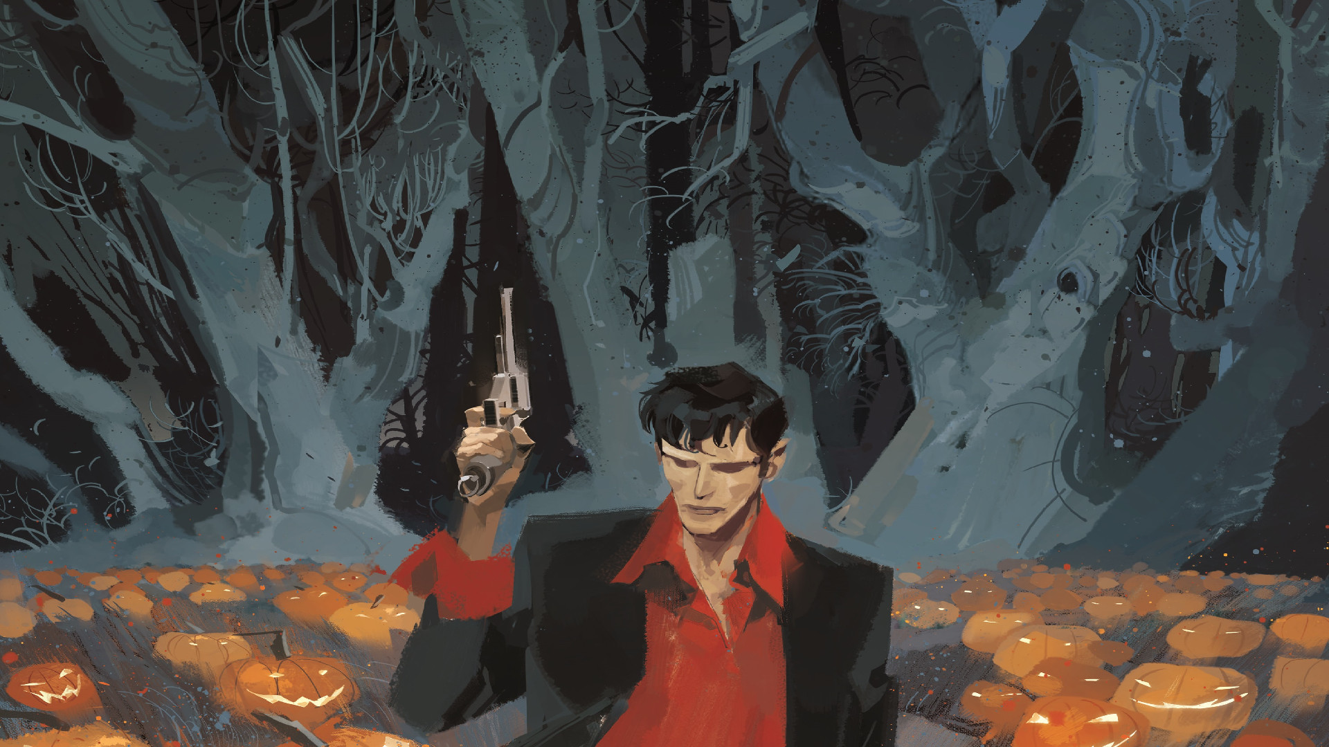Dylan Dog, Pistola, Zucche, Bosco, Fumetto, 1920x1080, sfondo per PC