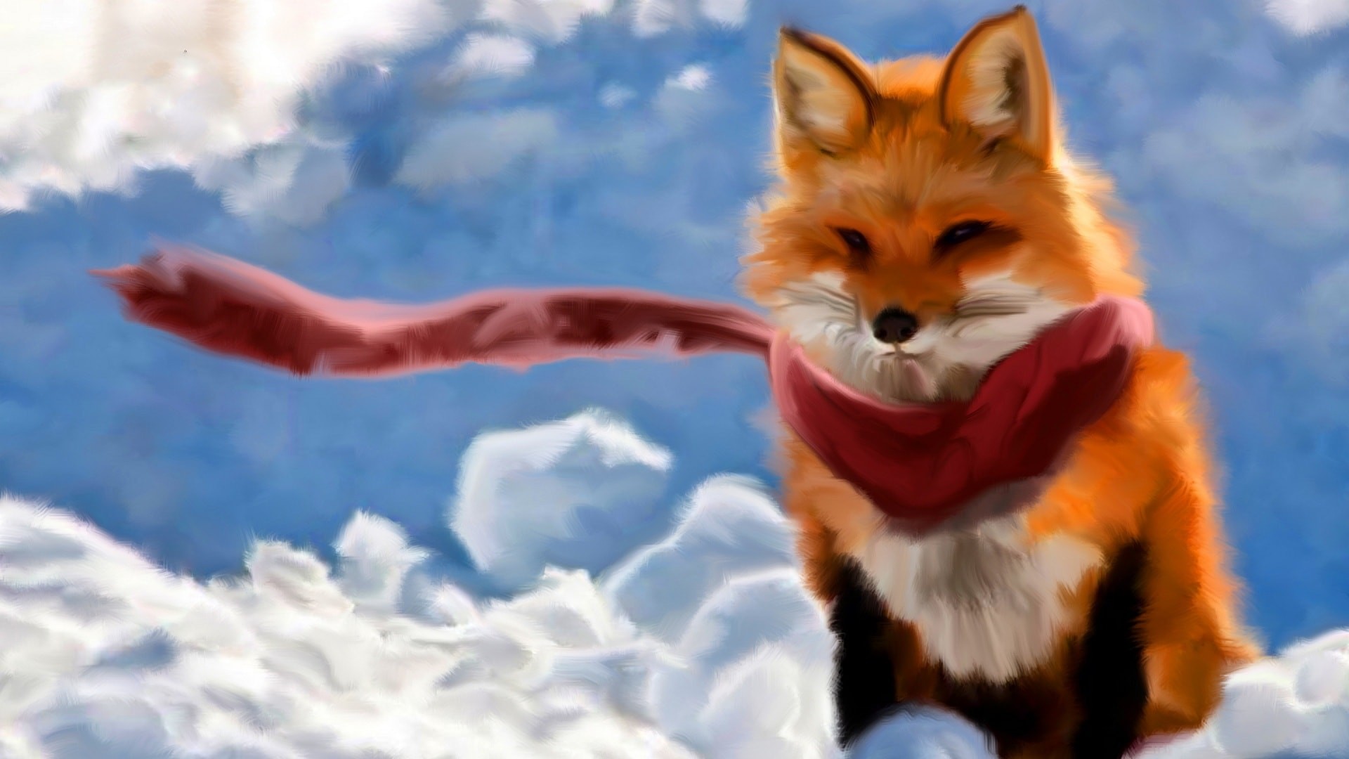 Volpe, Sciarpa rossa, Neve, Pittura digitale, 1920x1080, immagine di sfondo