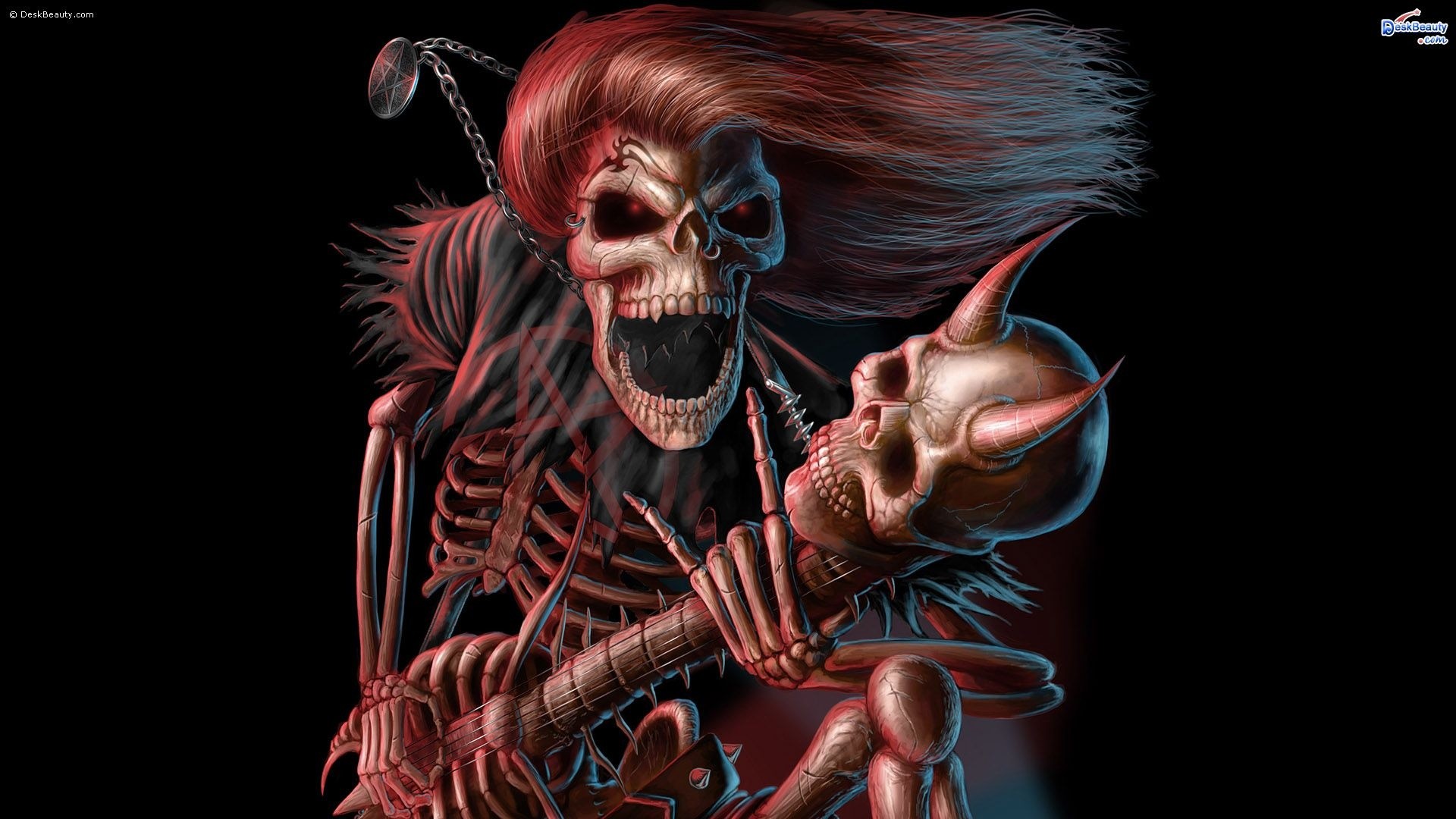 Scheletro, Teschio, Chitarra, Heavy metal, Arte fantasy, Full HD, sfondo Windows 11