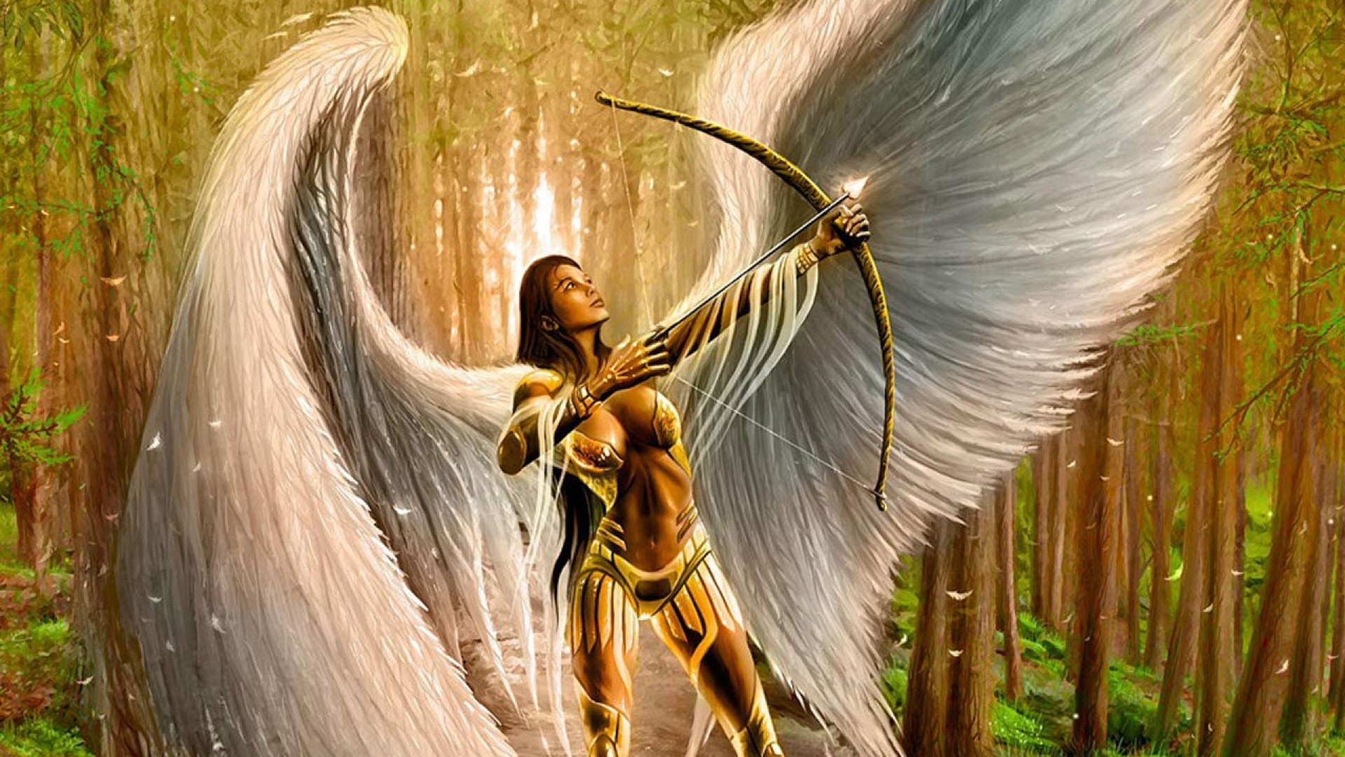 Angelo guerriero, Arco, Ali bianche, Foresta, Arte fantasy, 16:9 Full HD, sfondo widescreen