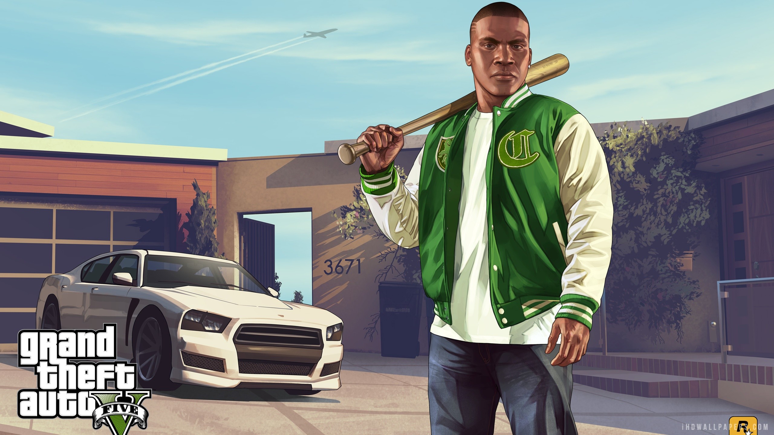 Franklin Clinton, Grand Theft Auto V, Mazza da baseball, Auto bianca, sfondo 2K per computer