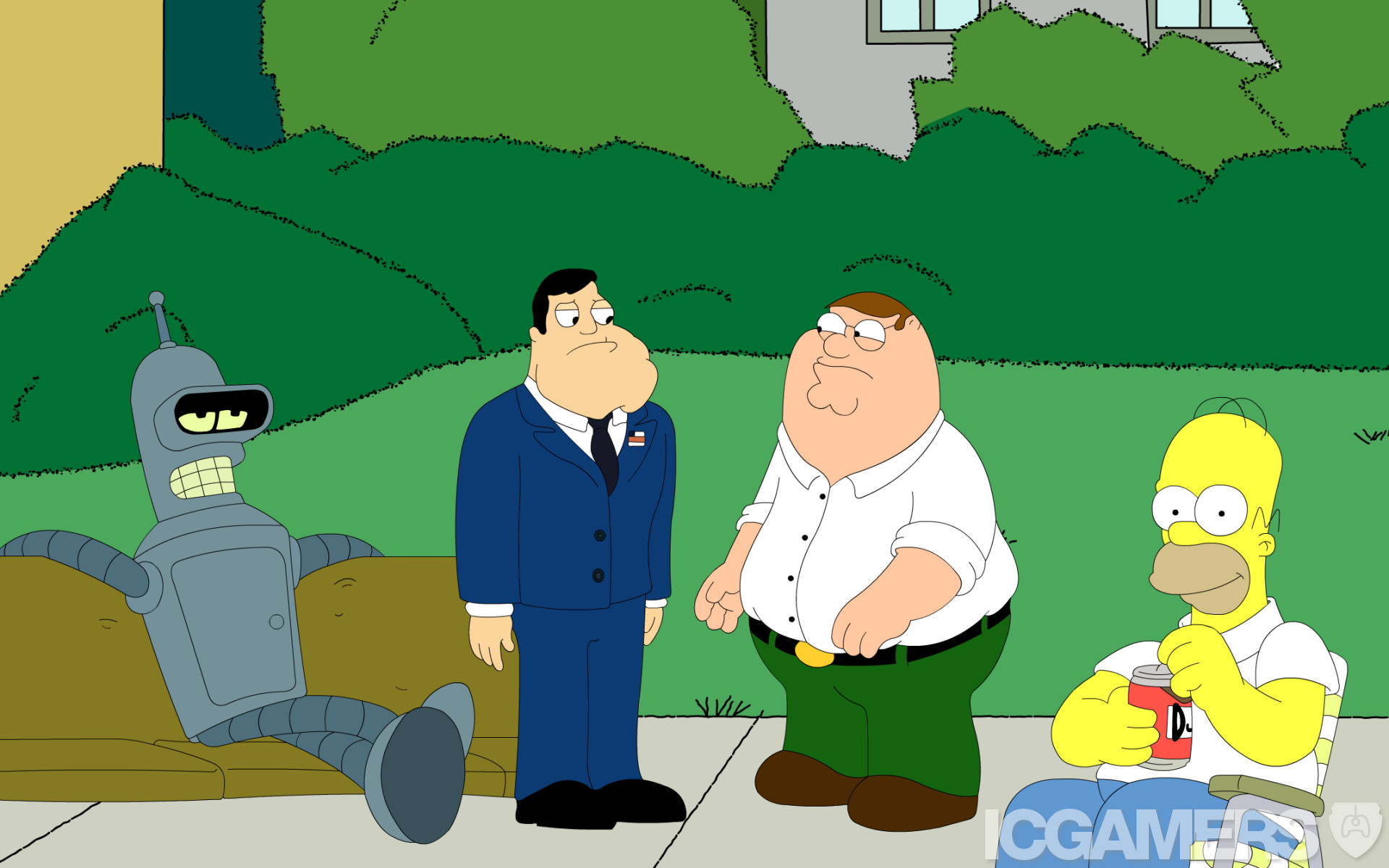 Homer Simpson, Peter Griffin, Stan Smith, Bender, Crossover, Full HD, sfondo Windows 11