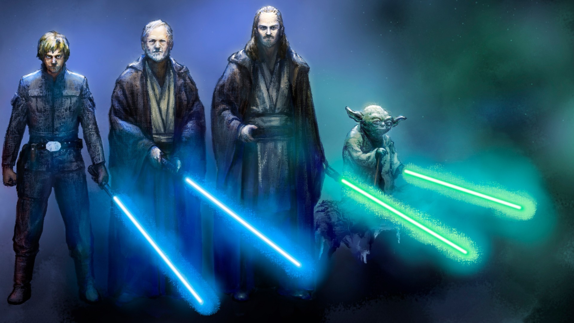Yoda, Luke Skywalker, Obi-Wan Kenobi, Qui-Gon Jinn, Spade laser, sfondo 1920x1080 per PC