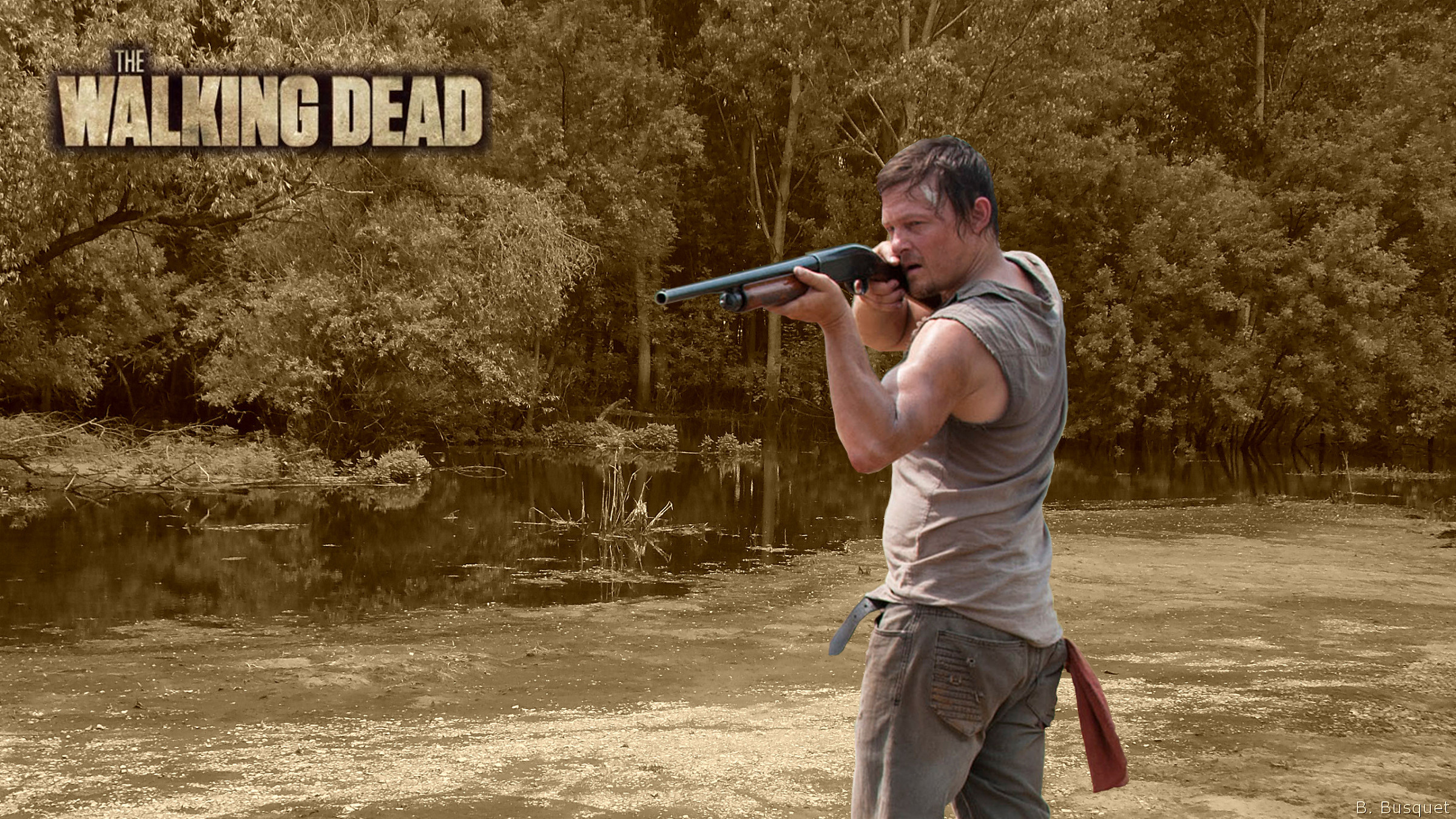 Daryl Dixon, Norman Reedus, The Walking Dead, Fucile, Seppia, Lago, sfondo Full HD per PC
