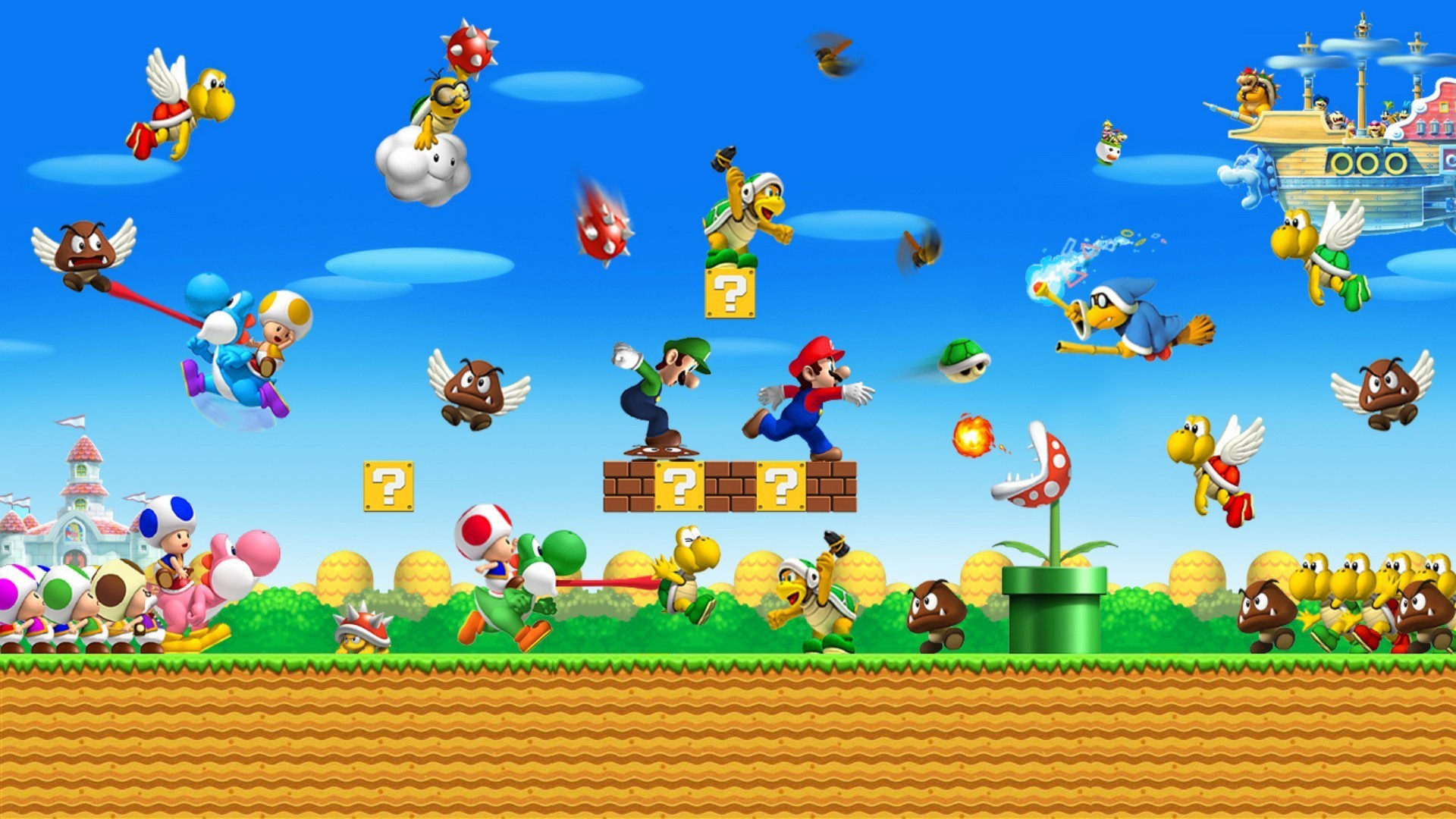 New Super Mario Bros., Mario, Luigi, Goomba, Koopa Troopa, Tubo verde, sfondo Full HD per computer