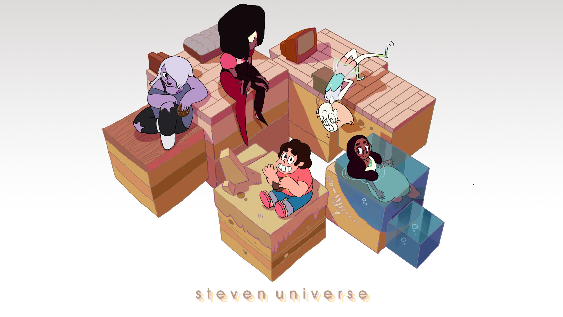 Steven Universe, Garnet, Ametista, Perla, Steven, Connie, Isometrico, sfondo widescreen Full HD