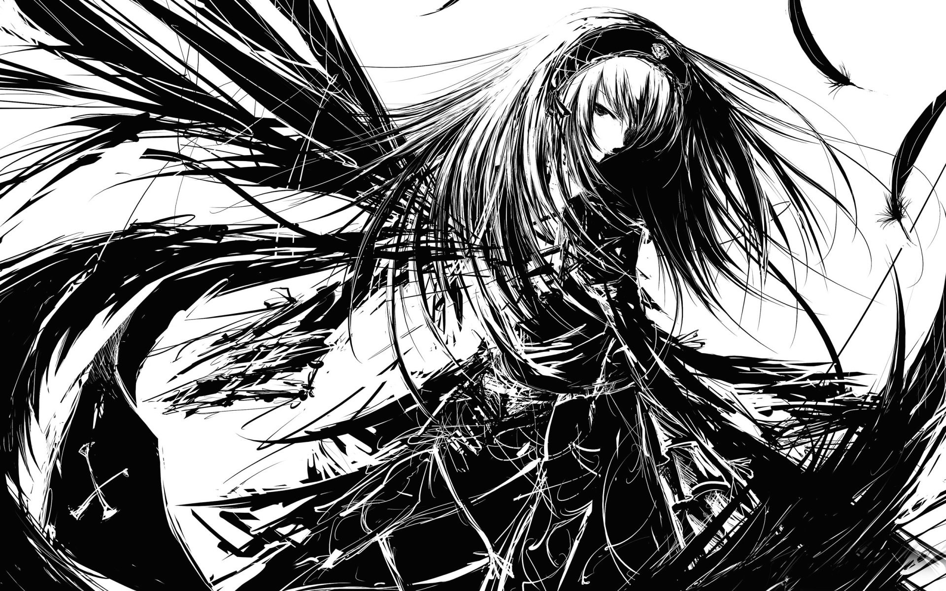 Ragazza anime, Anime, Piume, Bianco e nero, Manga, 1920x1200, immagine di sfondo
