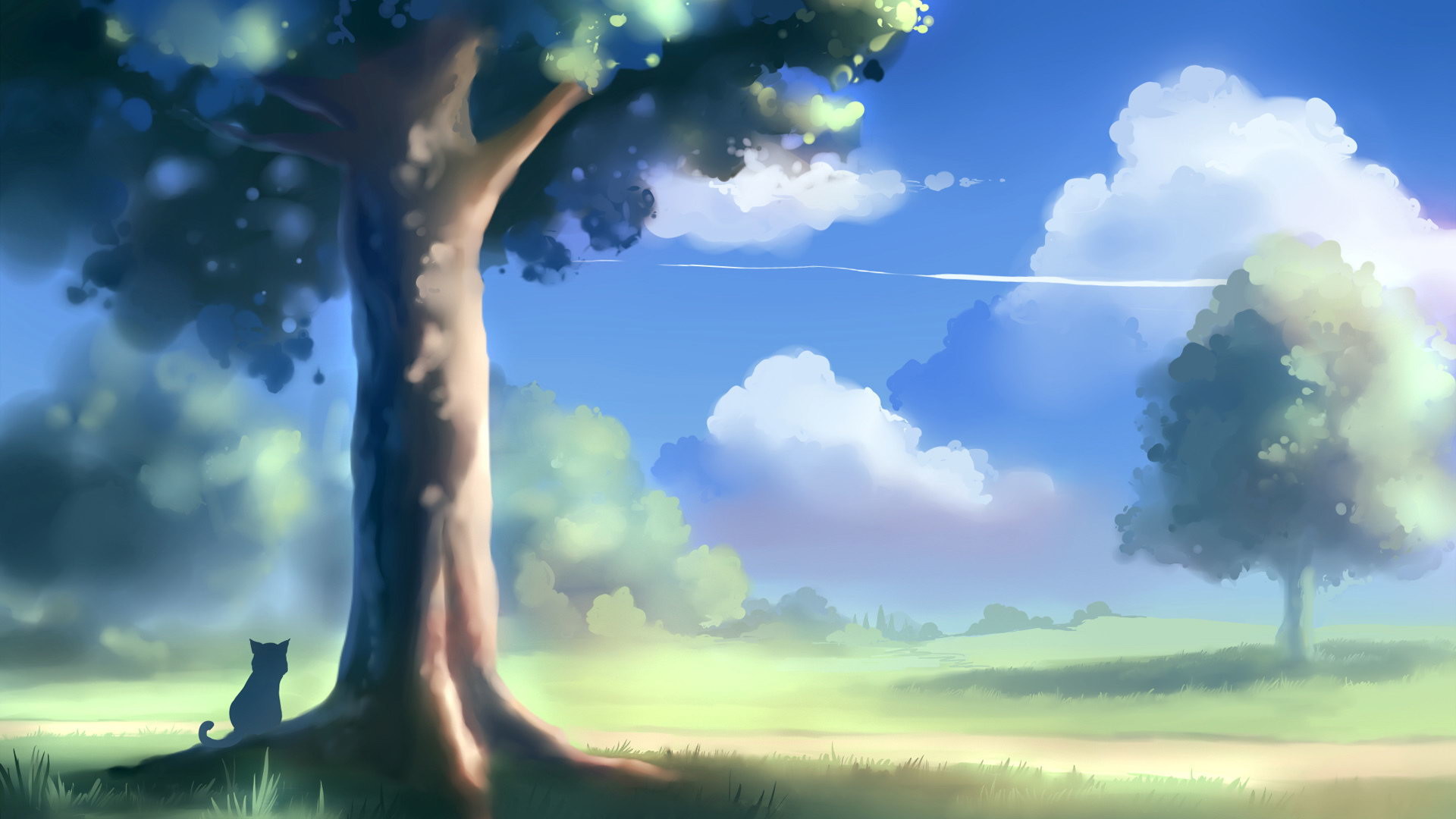 Albero, Gatto, Prato, Nuvole, Pittura digitale, 1920x1080, immagine di sfondo