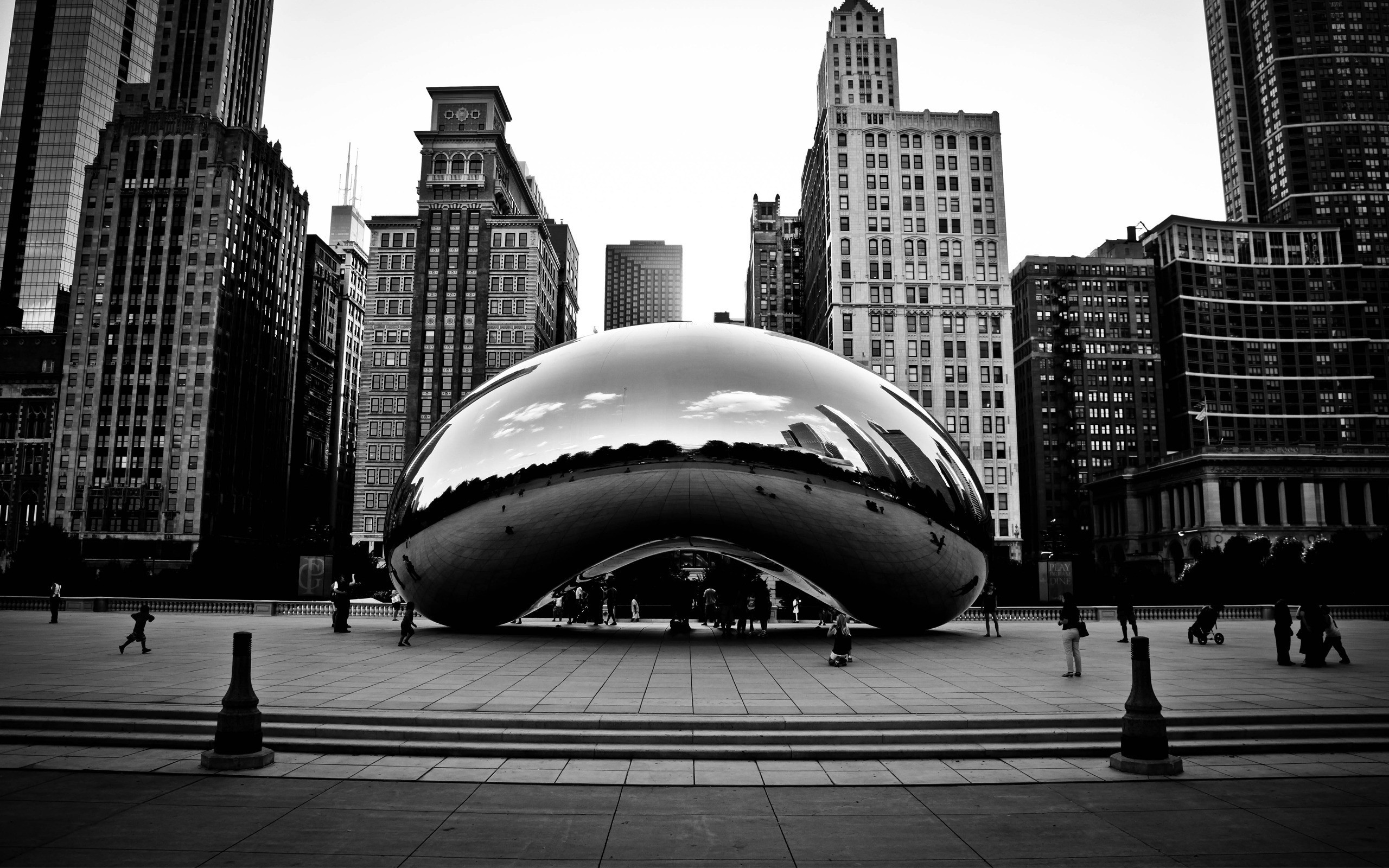 Cloud Gate, Chicago, Millennium Park, Grattacieli, Bianco e nero, sfondo 2K per PC