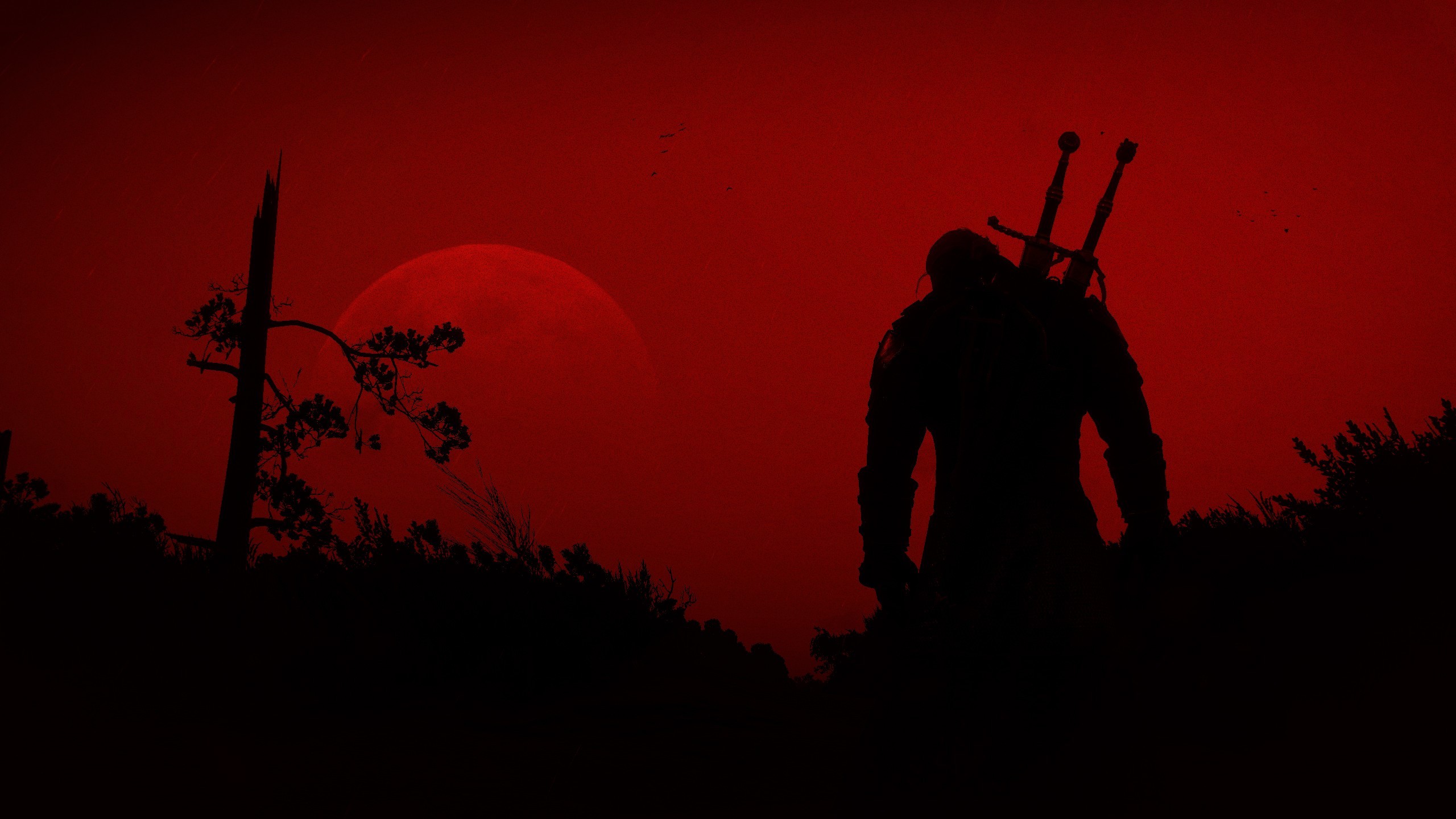 Geralt di Rivia, The Witcher 3: Wild Hunt, Silhouette, Cielo rosso, Luna, sfondo 16:9 2K
