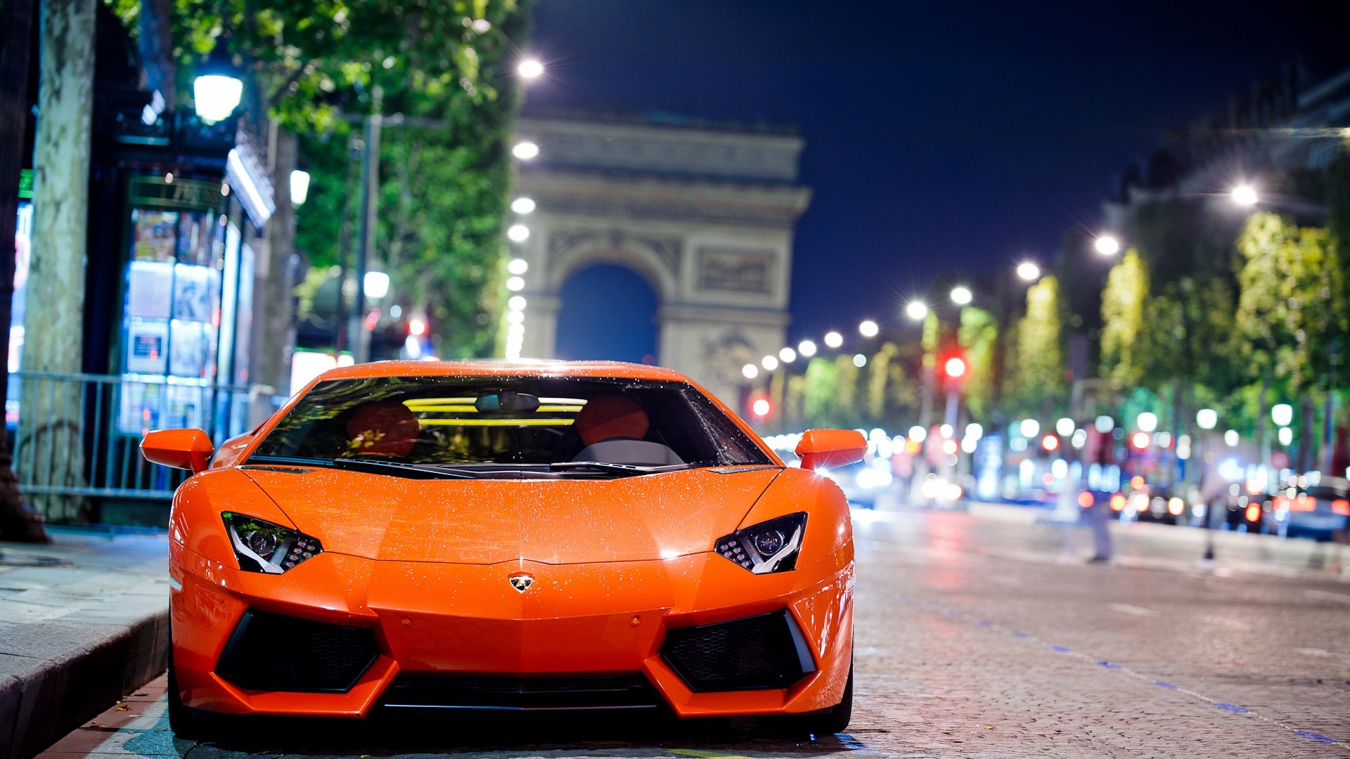 Lamborghini Aventador, Arco di Trionfo, Parigi, Champs-Élysées, Arancione, Notte, immagine di sfondo