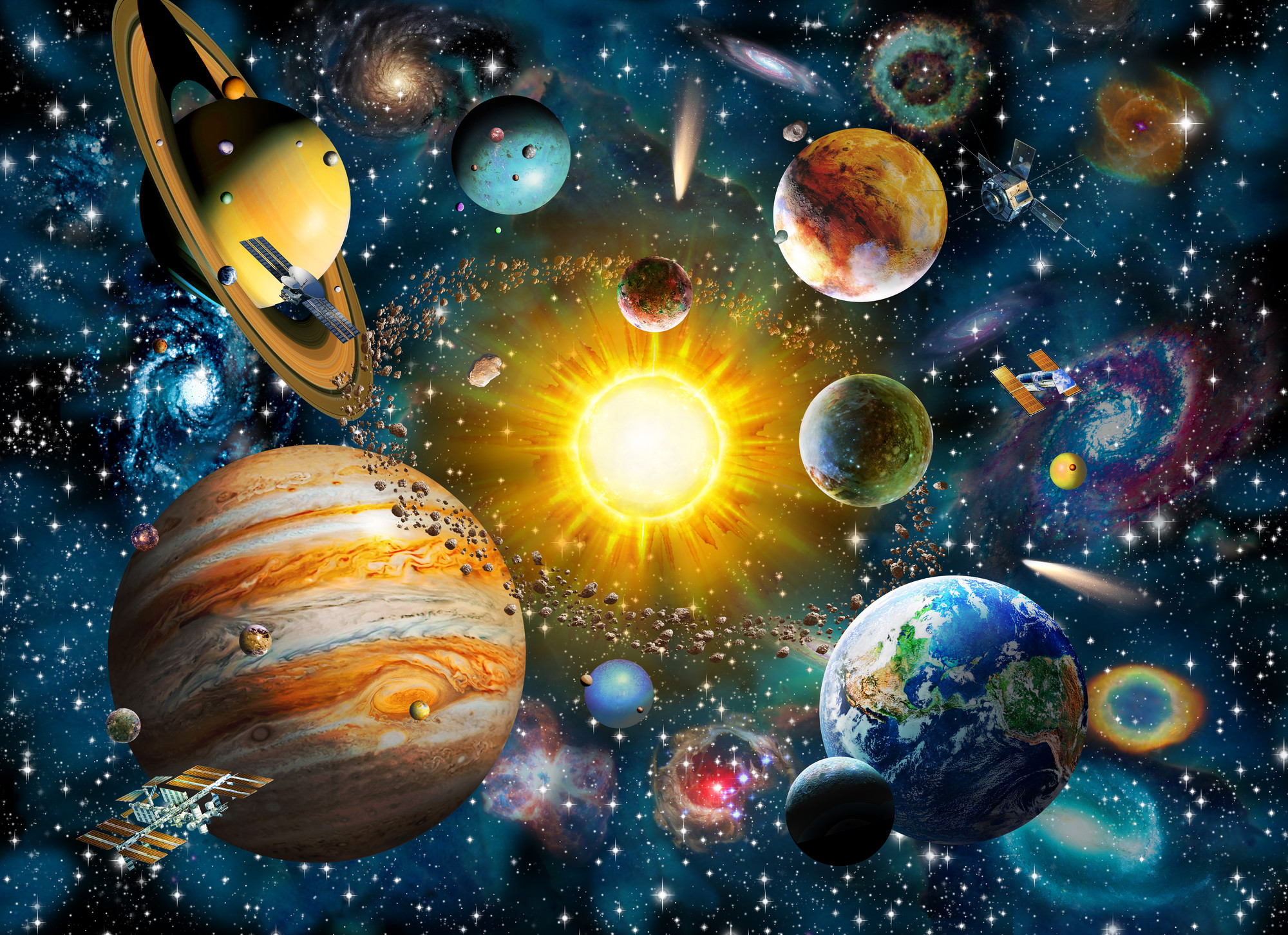 Sistema solare, Sole, Giove, Saturno, Terra, Illustrazione, Full HD, sfondo per portatile