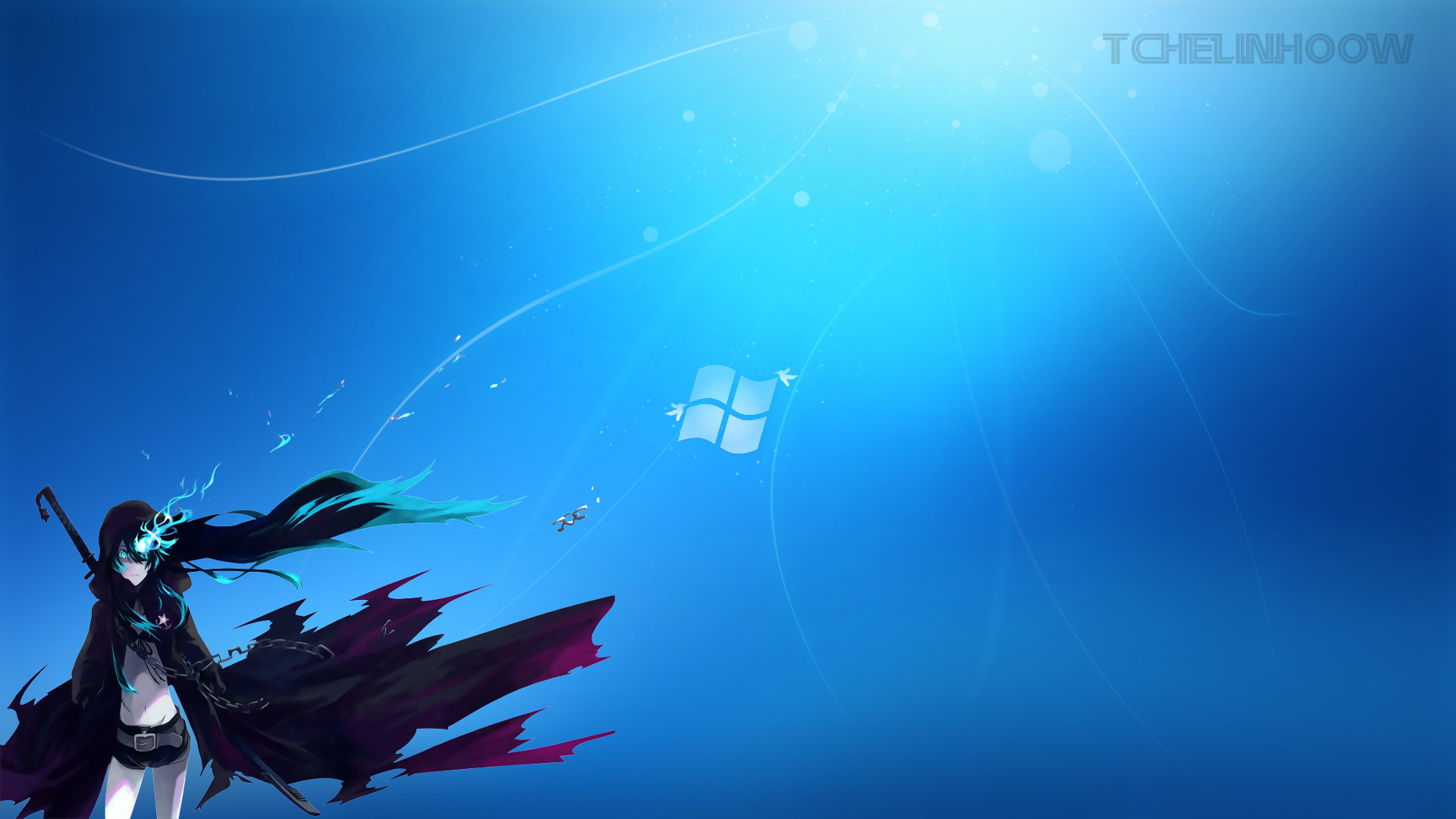 Black Rock Shooter, Windows 7, Logo Windows, Sfondo blu, Anime, 16:9 Full HD, wallpaper widescreen