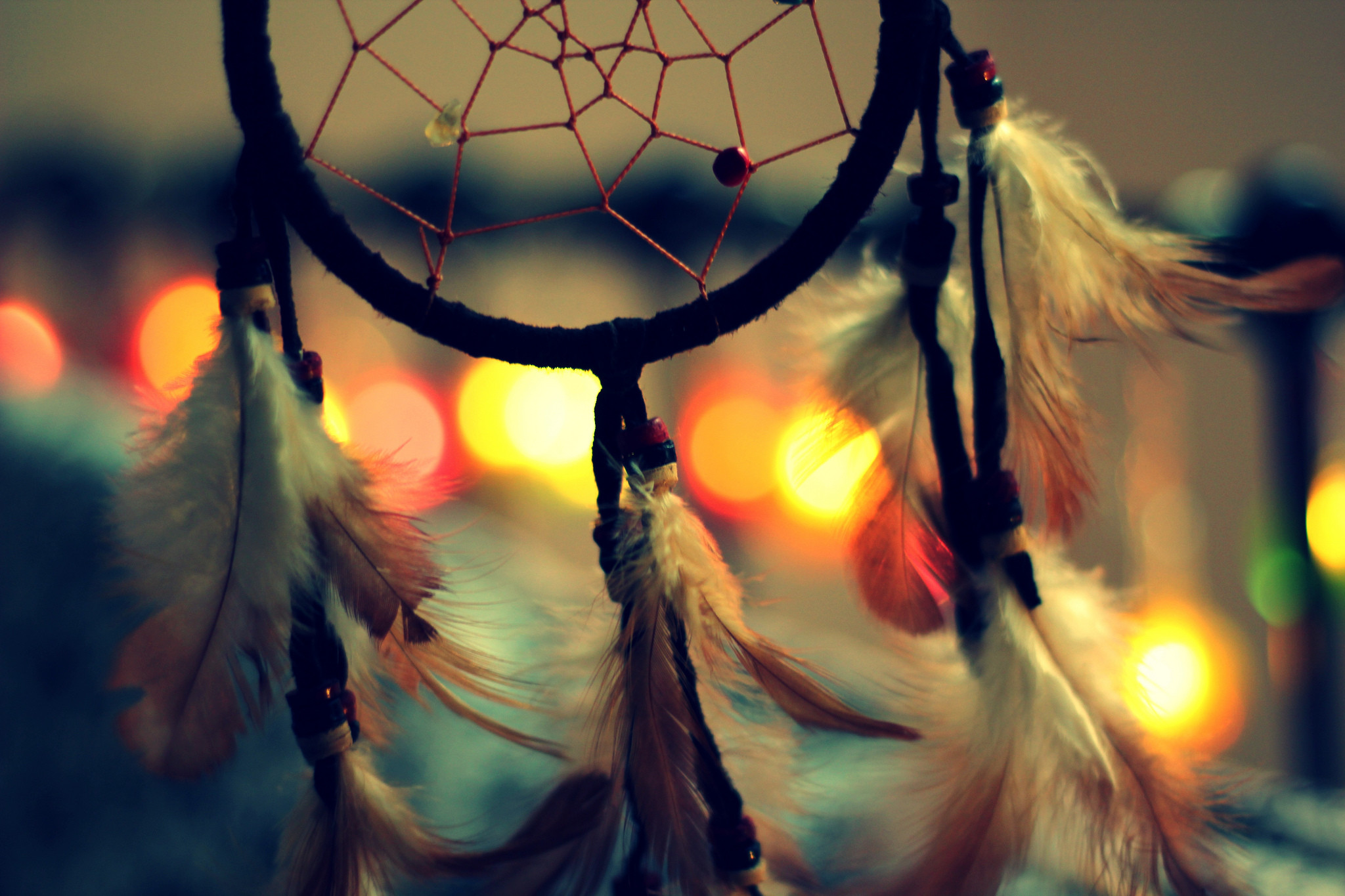 Acchiappasogni, Piume, Bokeh, Luci, Full HD, sfondo desktop