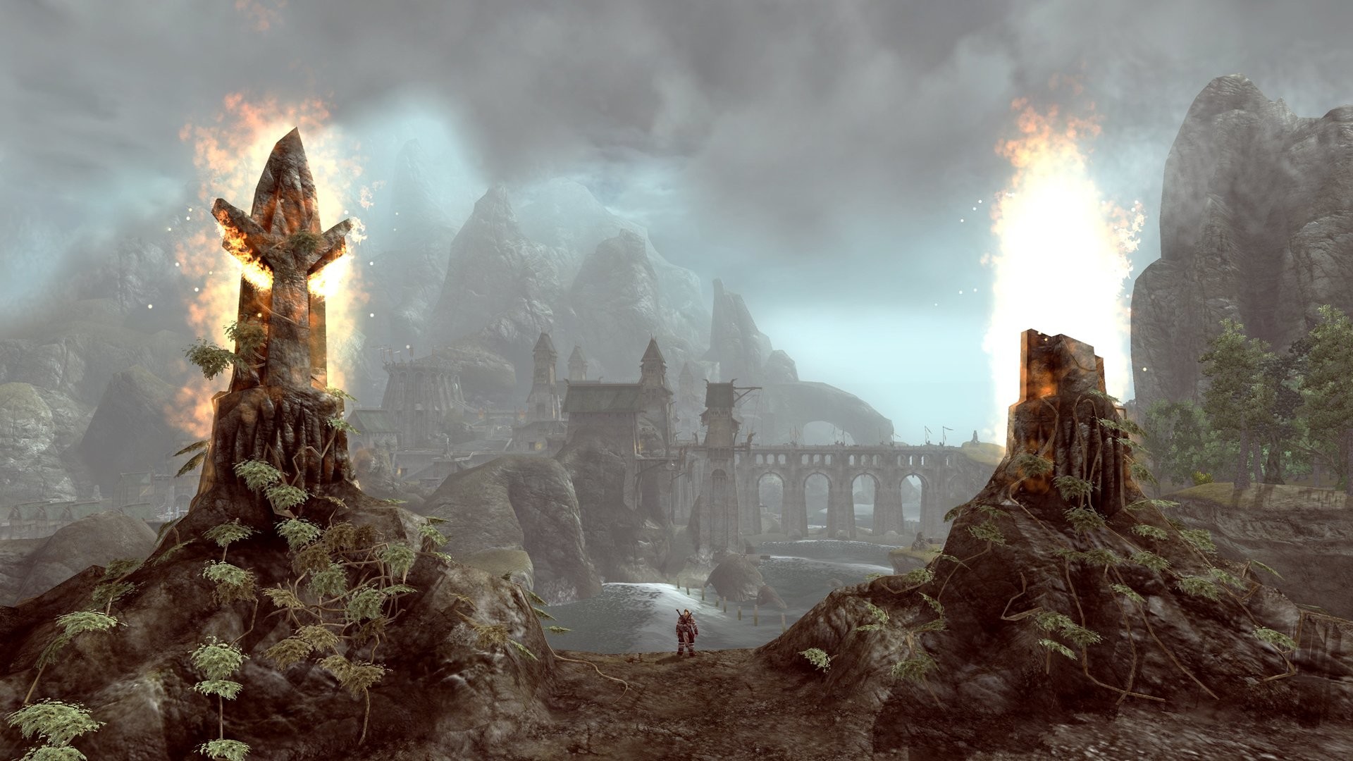 Paesaggio fantasy, Rovine, Fuoco, Montagne, Full HD, sfondo desktop