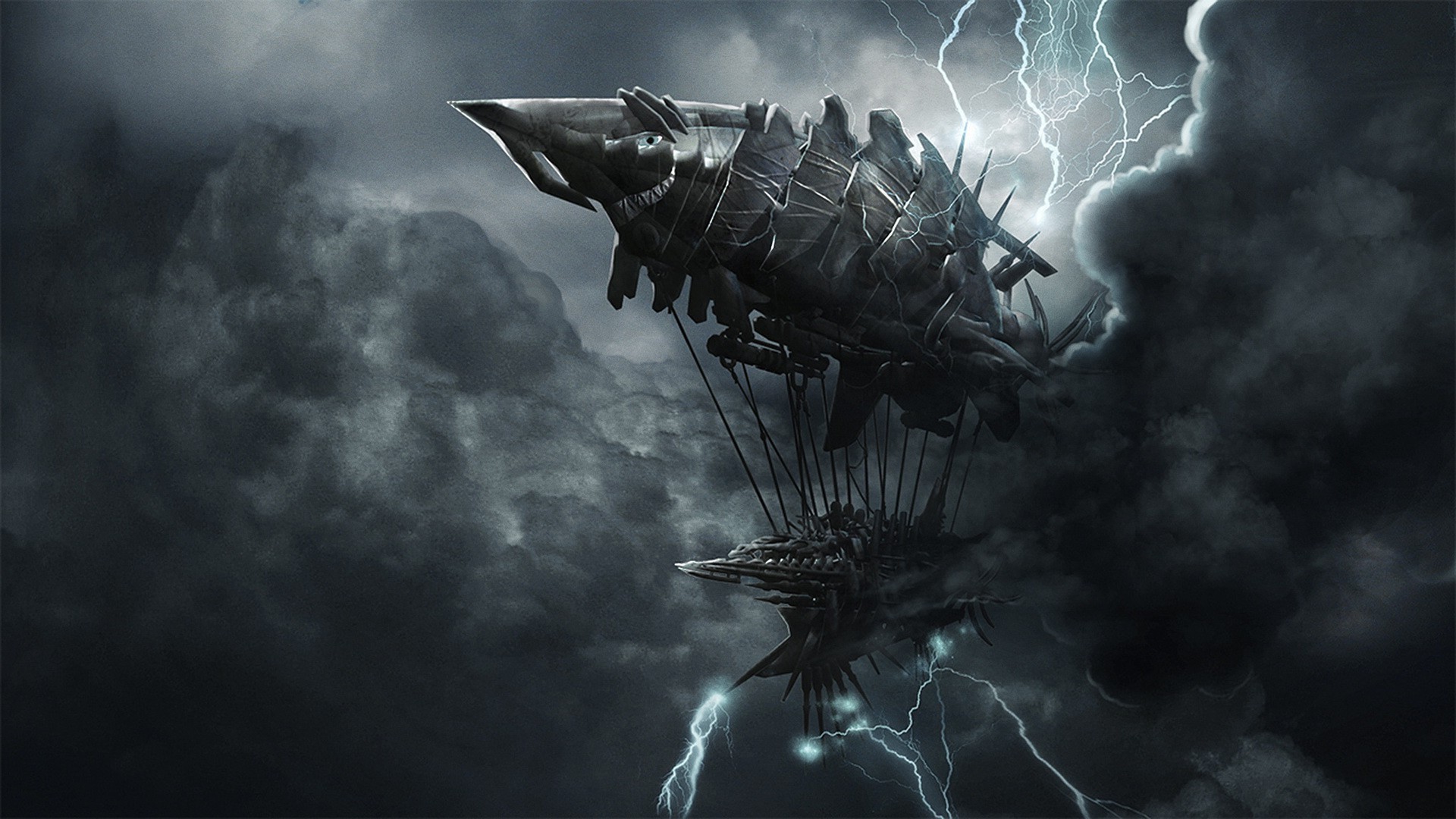 Warcraft, Dirigibile, Fulmini, Tempesta, Nuvole scure, 16:9 Full HD, sfondo widescreen