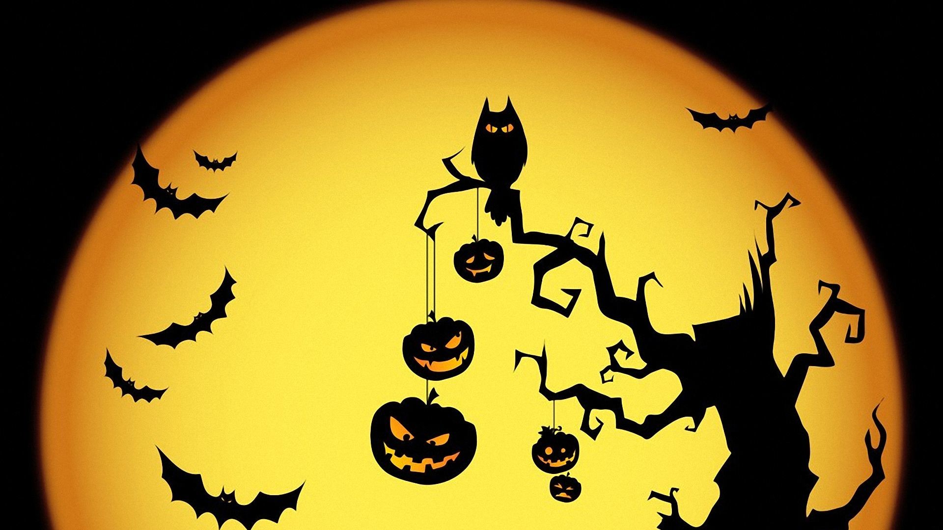 Luna piena, Gufo, Pipistrelli, Jack-o'-lantern, Silhouette, Giallo, sfondo Full HD per computer
